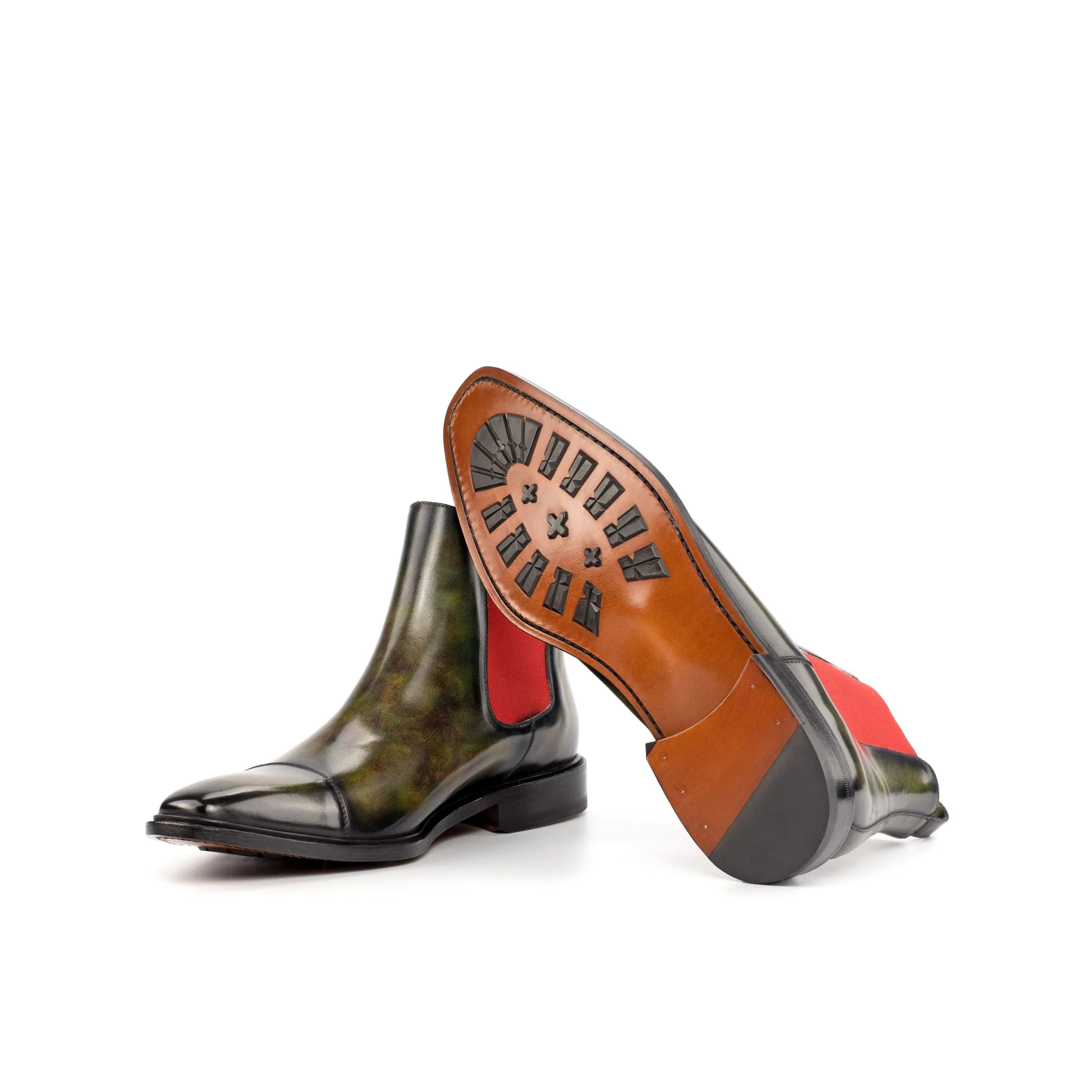Green leather Salvatore Patina Chelsea Boots II showcasing elegant design and craftsmanship