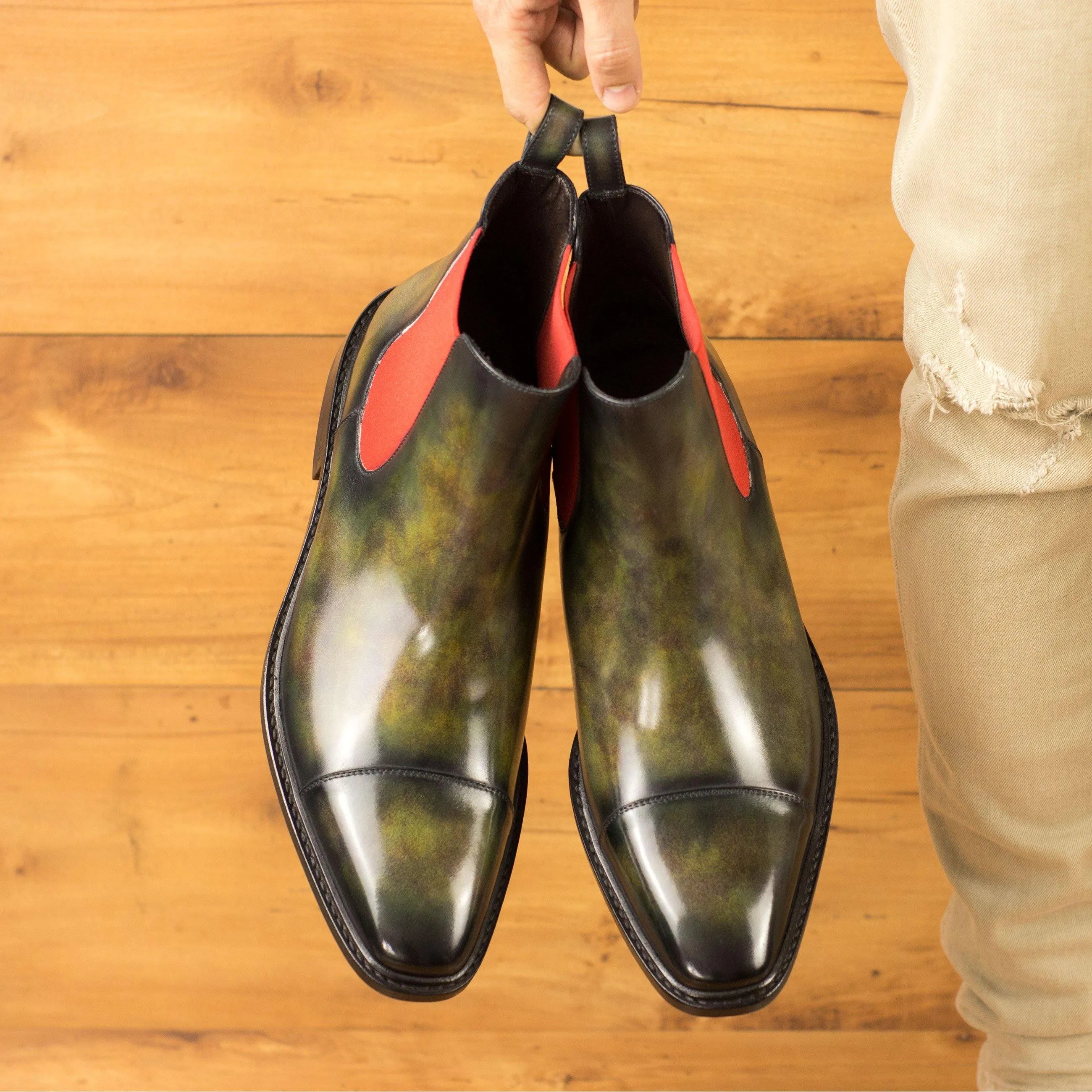 Green and black leather Salvatore Patina Chelsea boots for stylish footwear