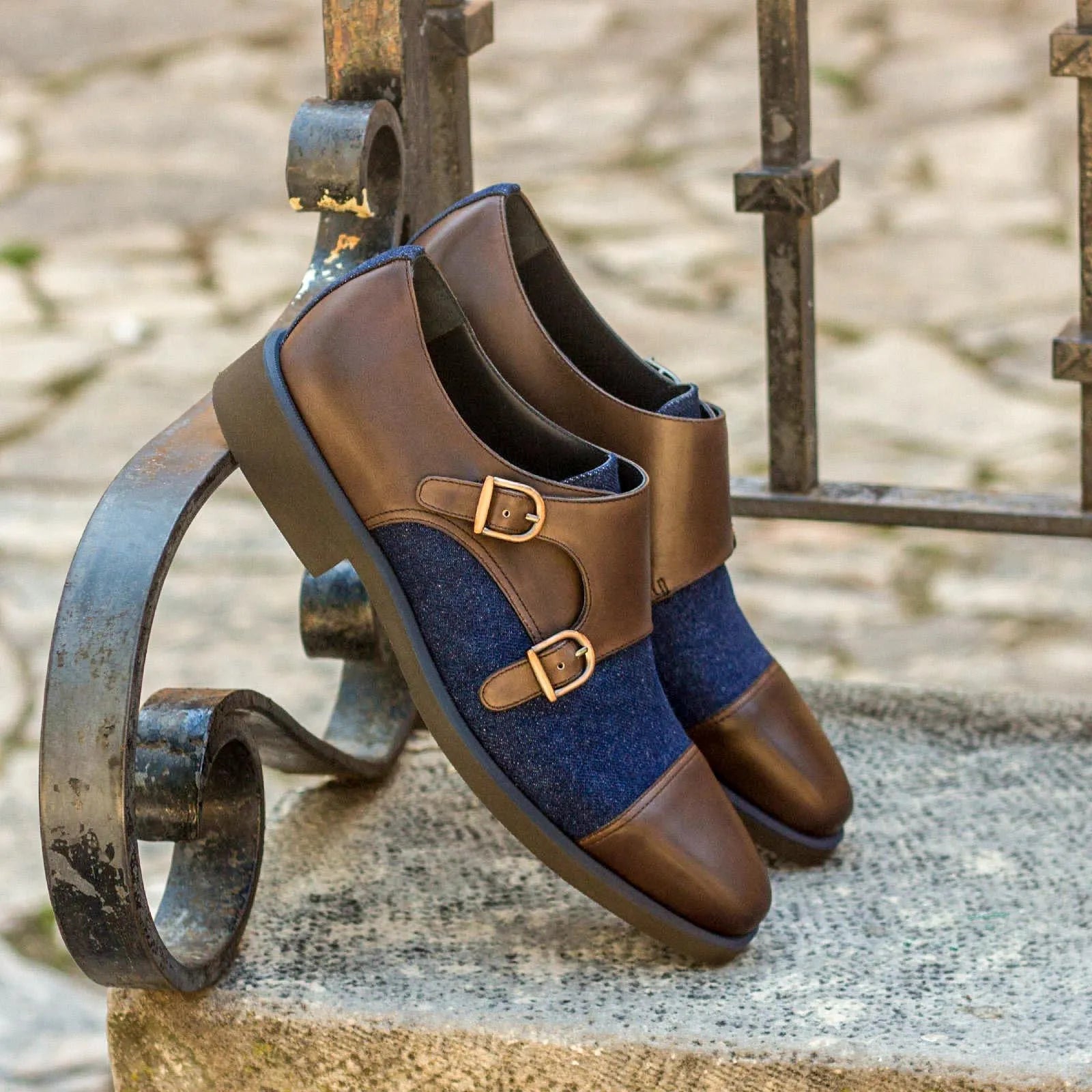 Brown and blue leather Sander Double Monk Shoes featuring a stylish double monk strap design