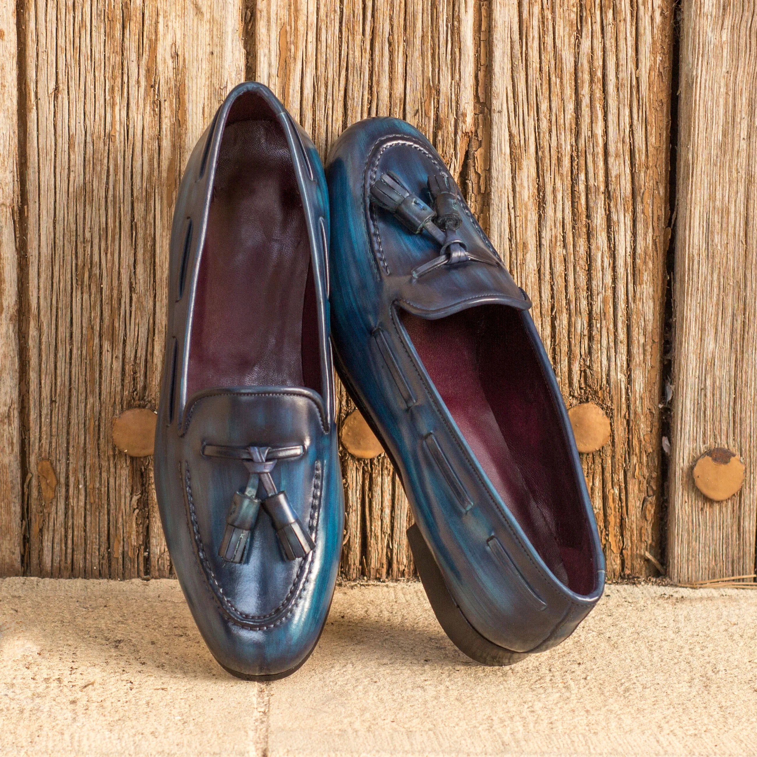 Blue leather tassel loafers from San Jose Rose Patina, elegant patina ladies slip-on
