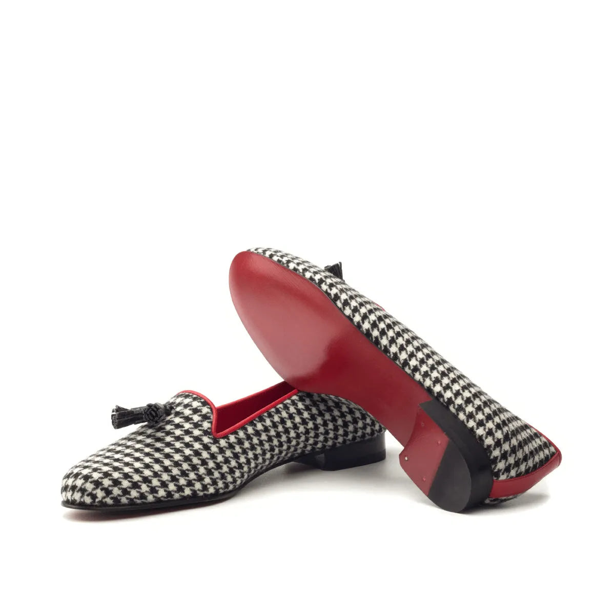 Houndstooth patterned loafers with red soles from Sappho Rose Ladies slipon collection