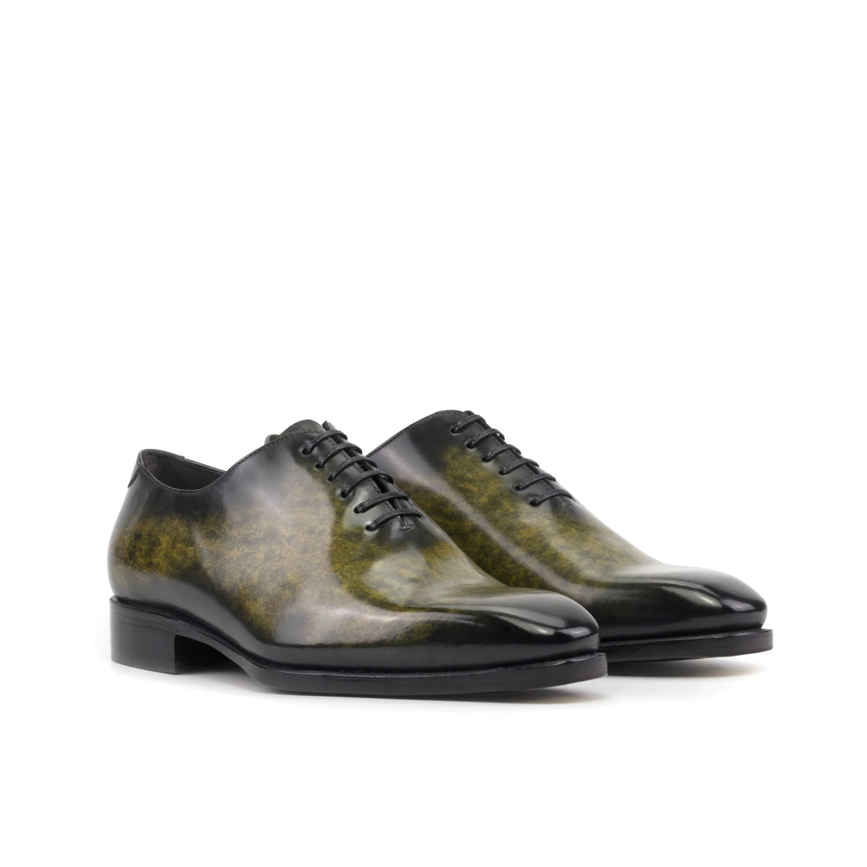 Olive green leather Saturne Patina Wholecut shoes for sophisticated footwear elegance