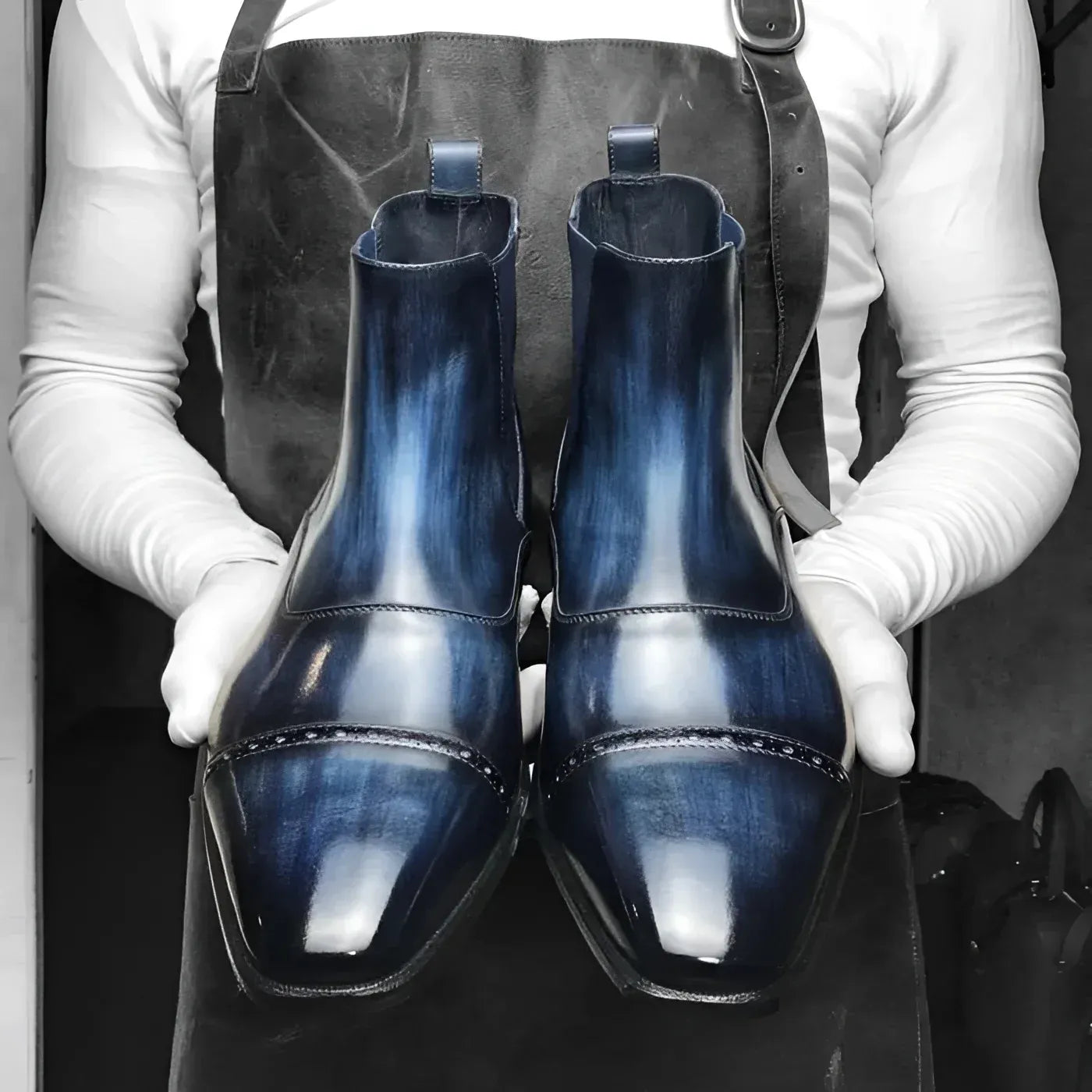 Blue leather Savon Patina Chelsea Boots displaying elegant design and style