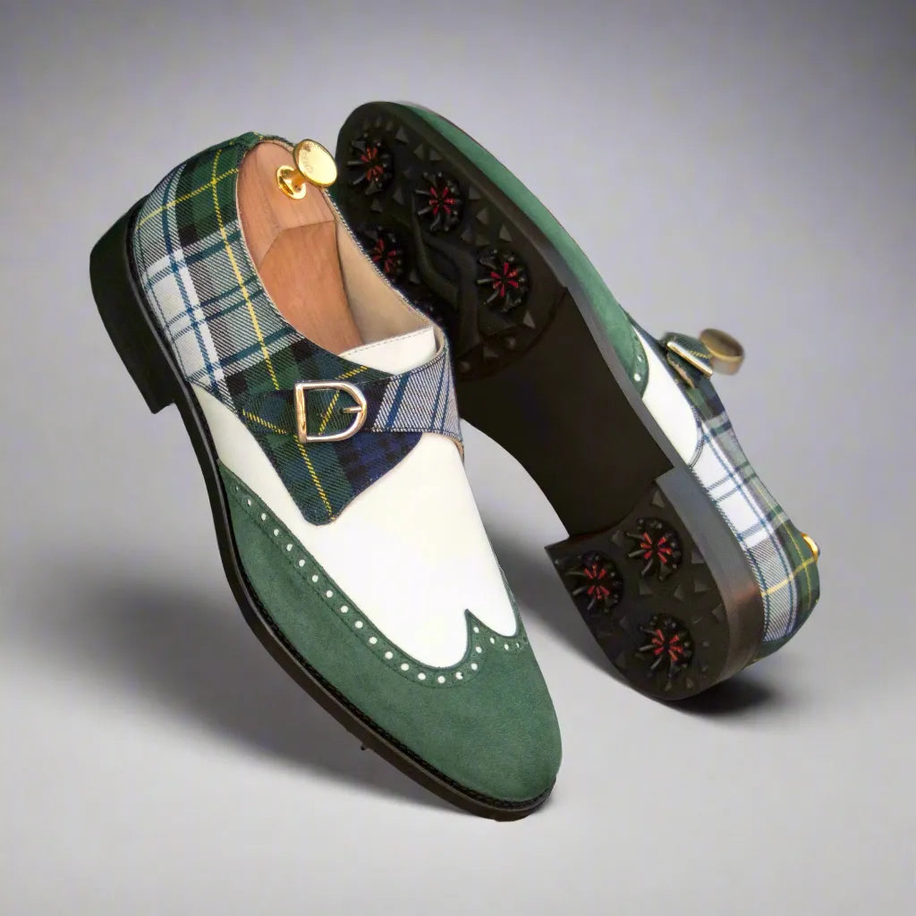 Green and plaid Scopas Single Monk golf shoes, featuring stylish monk golf shoe design