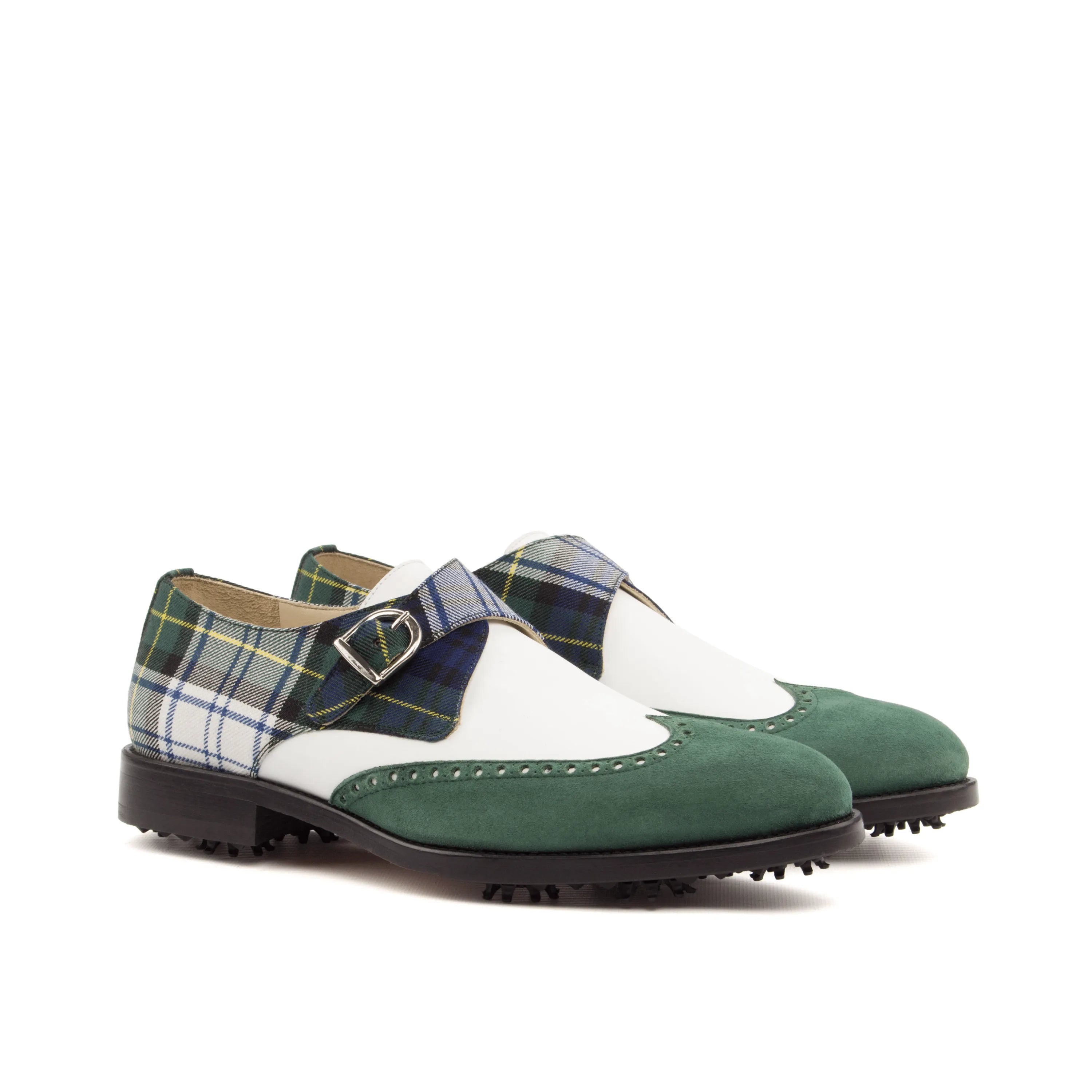 Green and plaid Scopas Single Monk Golf shoes featuring stylish monk golf shoes design