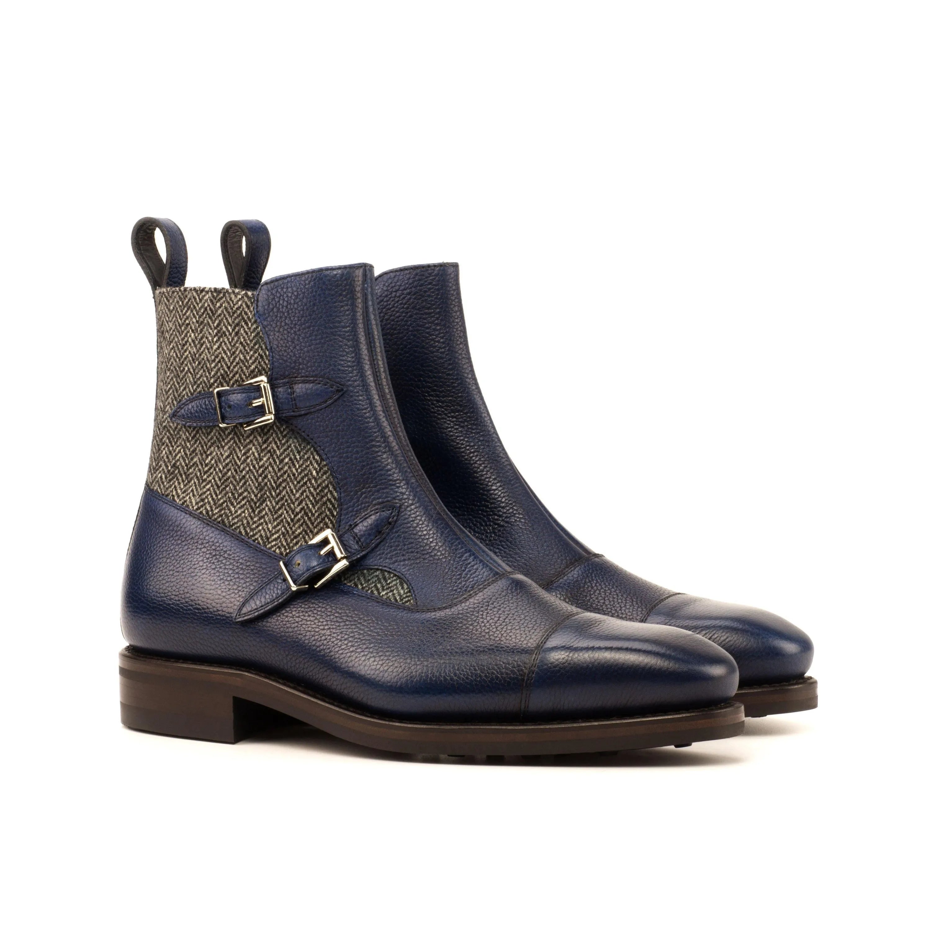 Blue leather and tweed Sean Octavian Boots II featuring stylish monk strap design