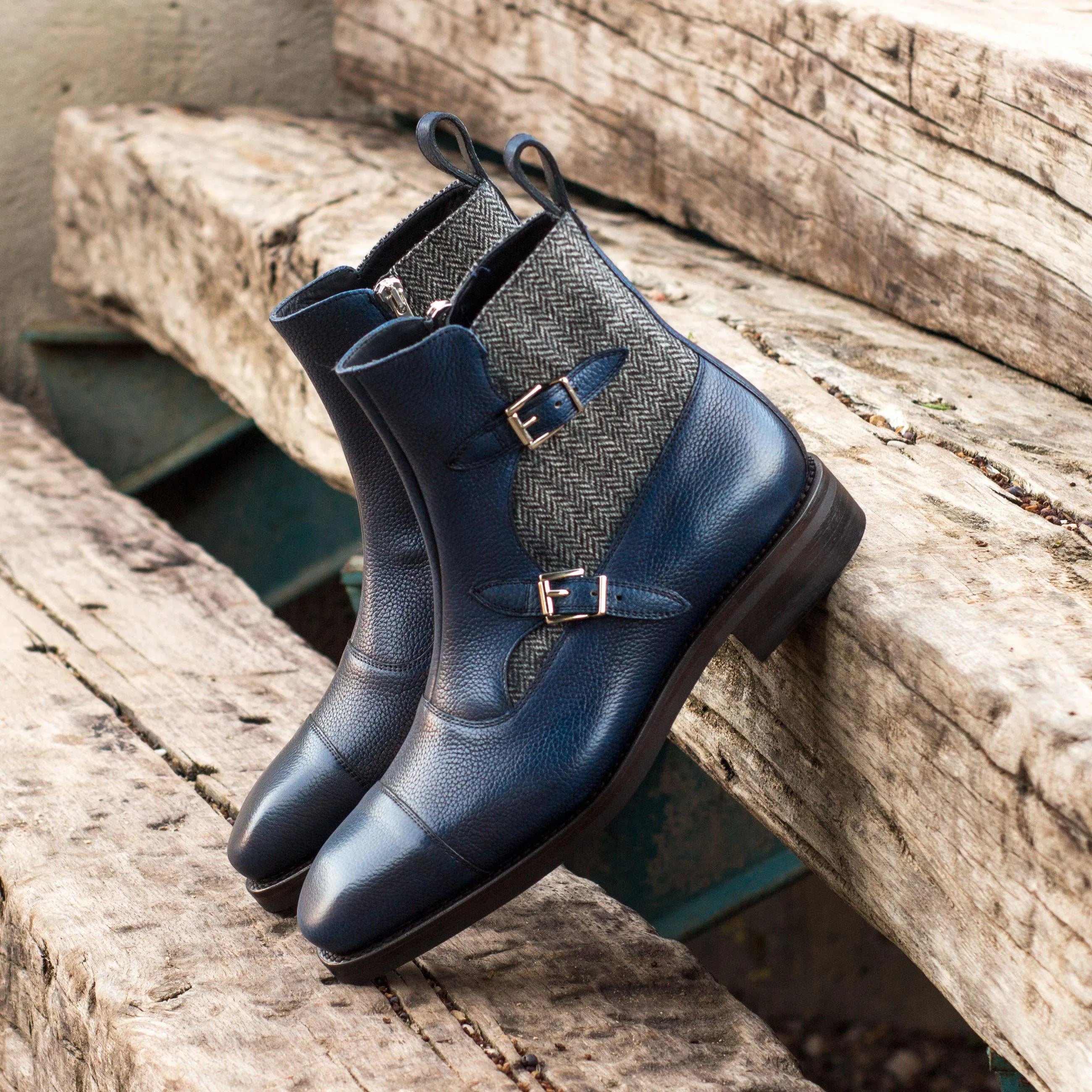 Blue leather and herringbone Sean Octavian Boots featuring stylish design and craftsmanship