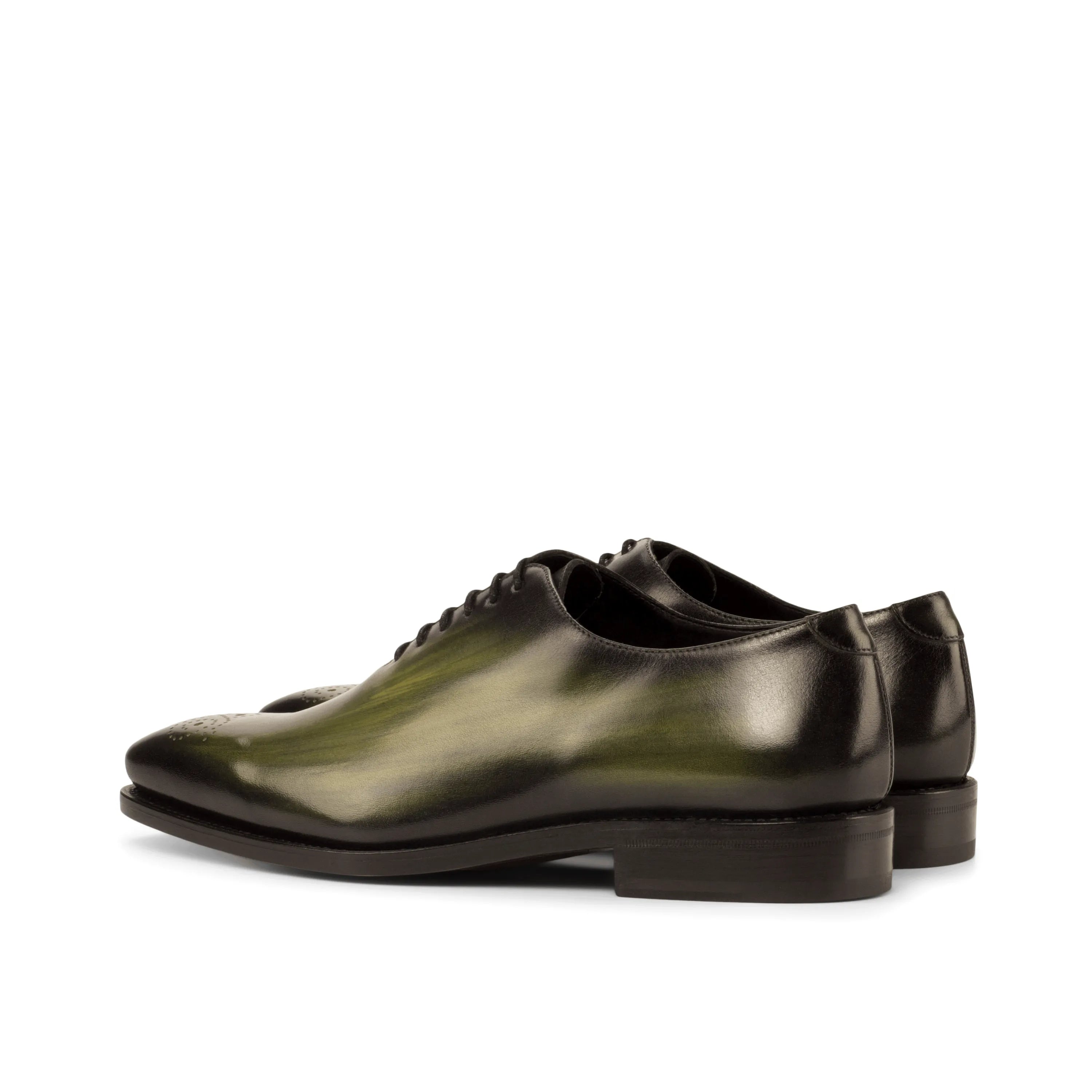 Green leather Seke Whole Cut Patina II luxury bespoke shoes for men showcased elegantly