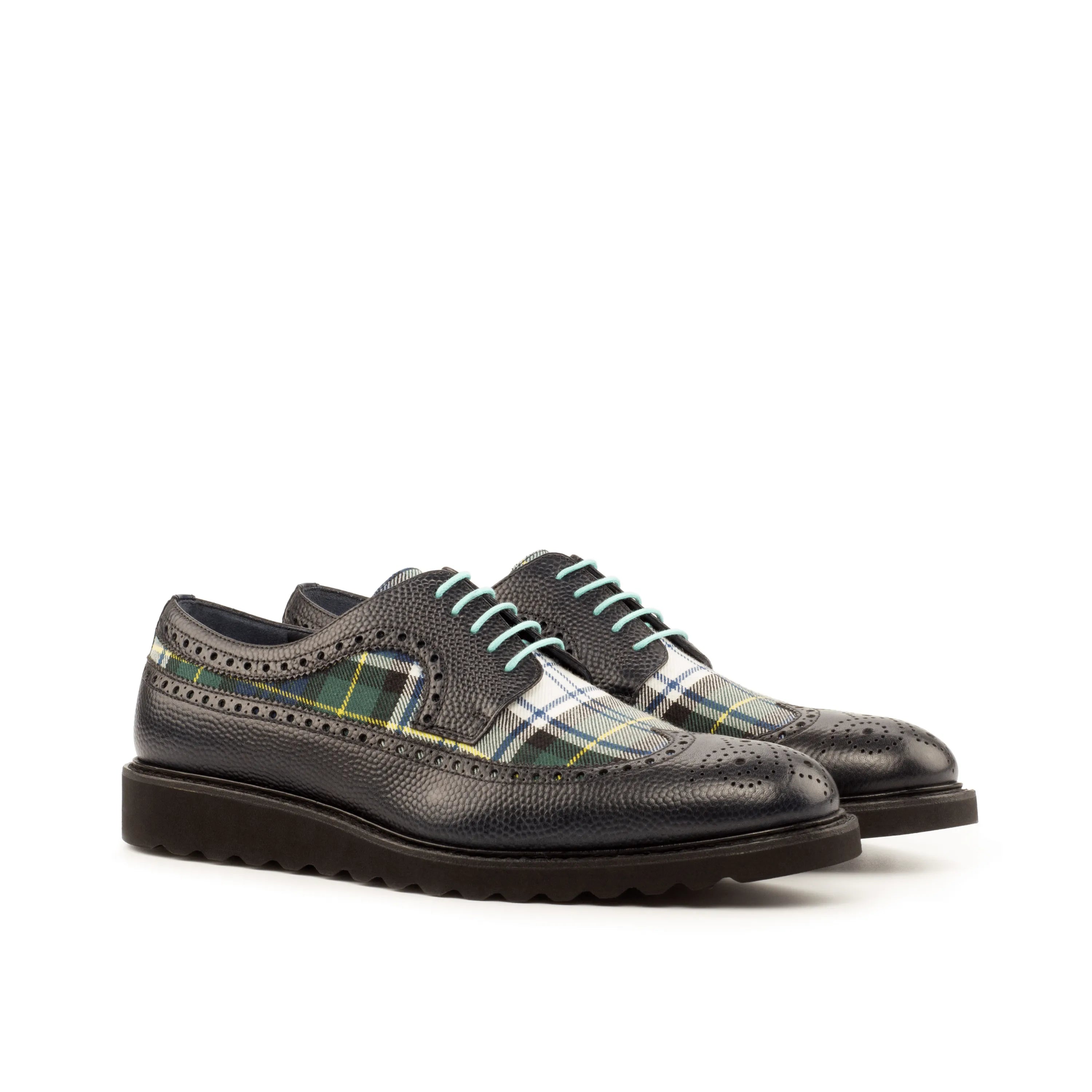 Black leather and plaid dress shoes, Seleucid Longwing Blucher with rounded toe design