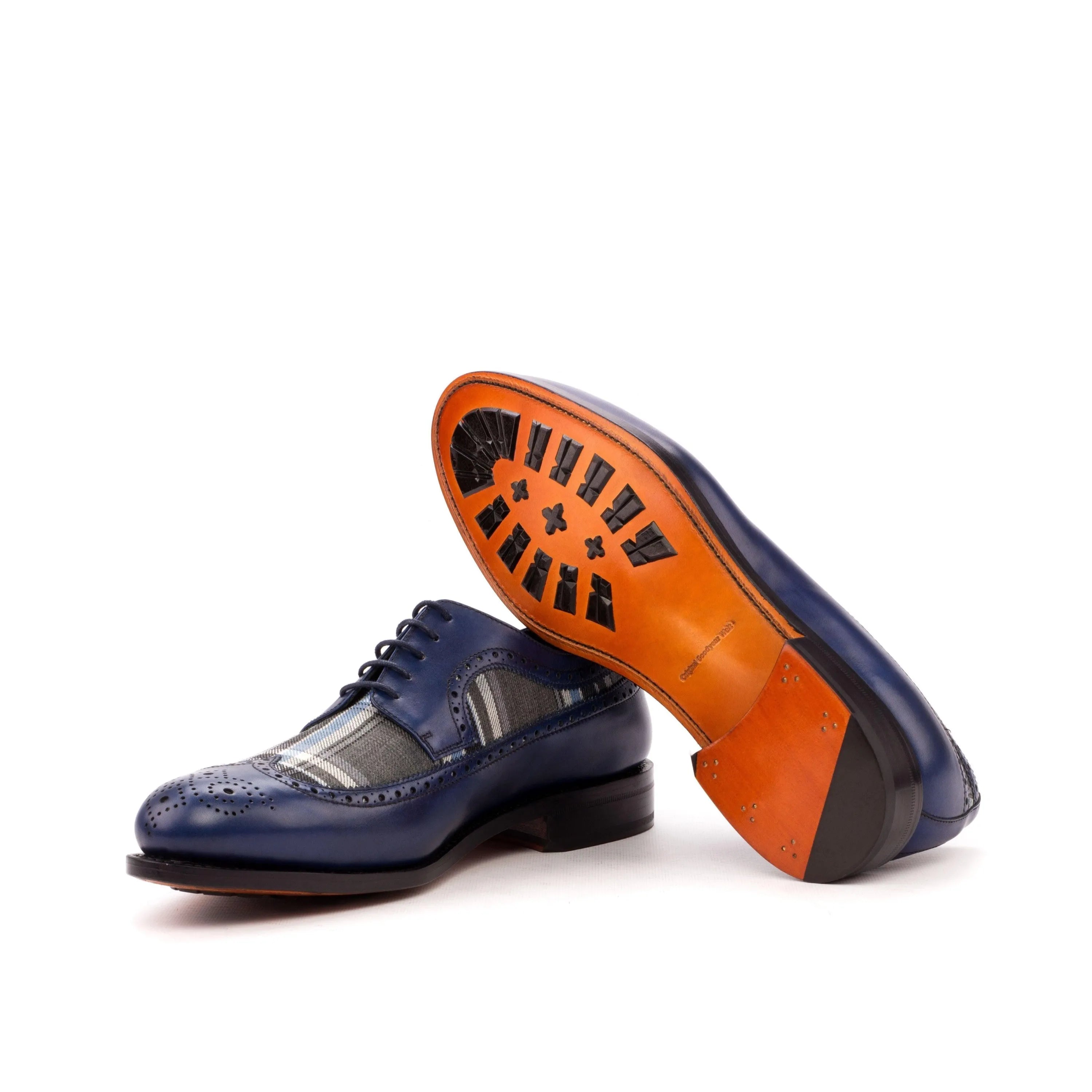 Blue leather Seneca Longwing Blucher shoes with vibrant orange soles