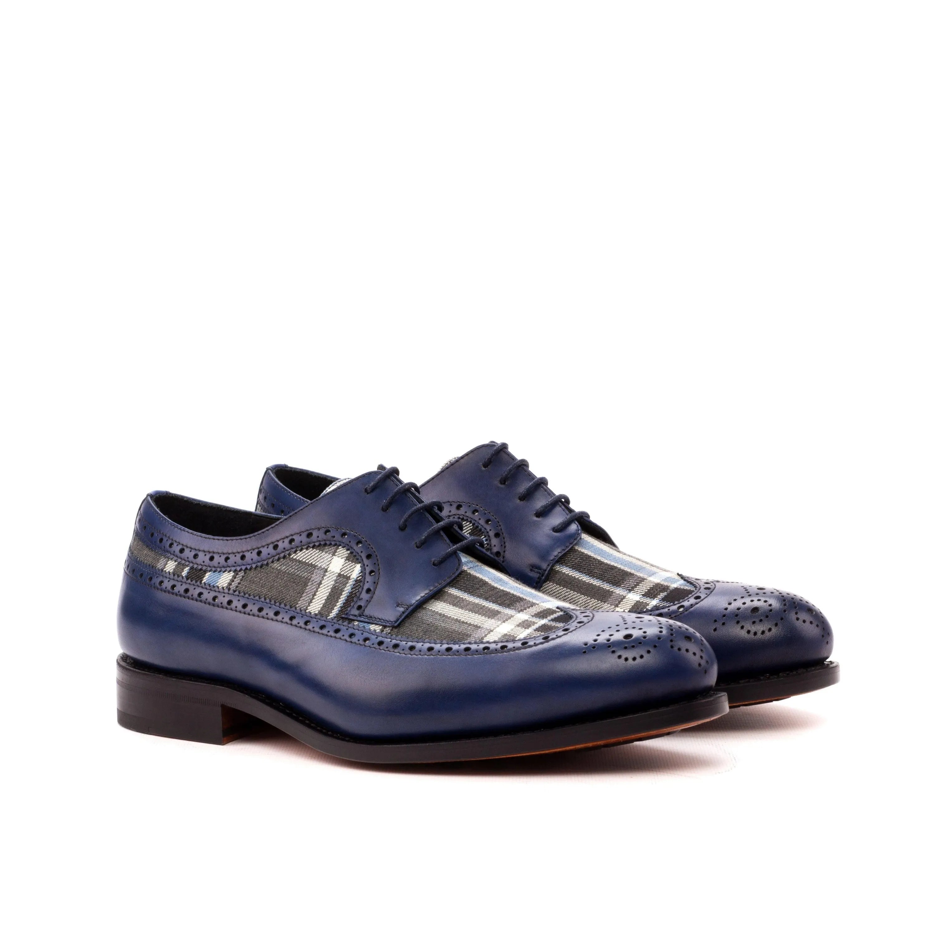 Blue leather and plaid Seneca Longwing Blucher II long wingtip blucher shoes