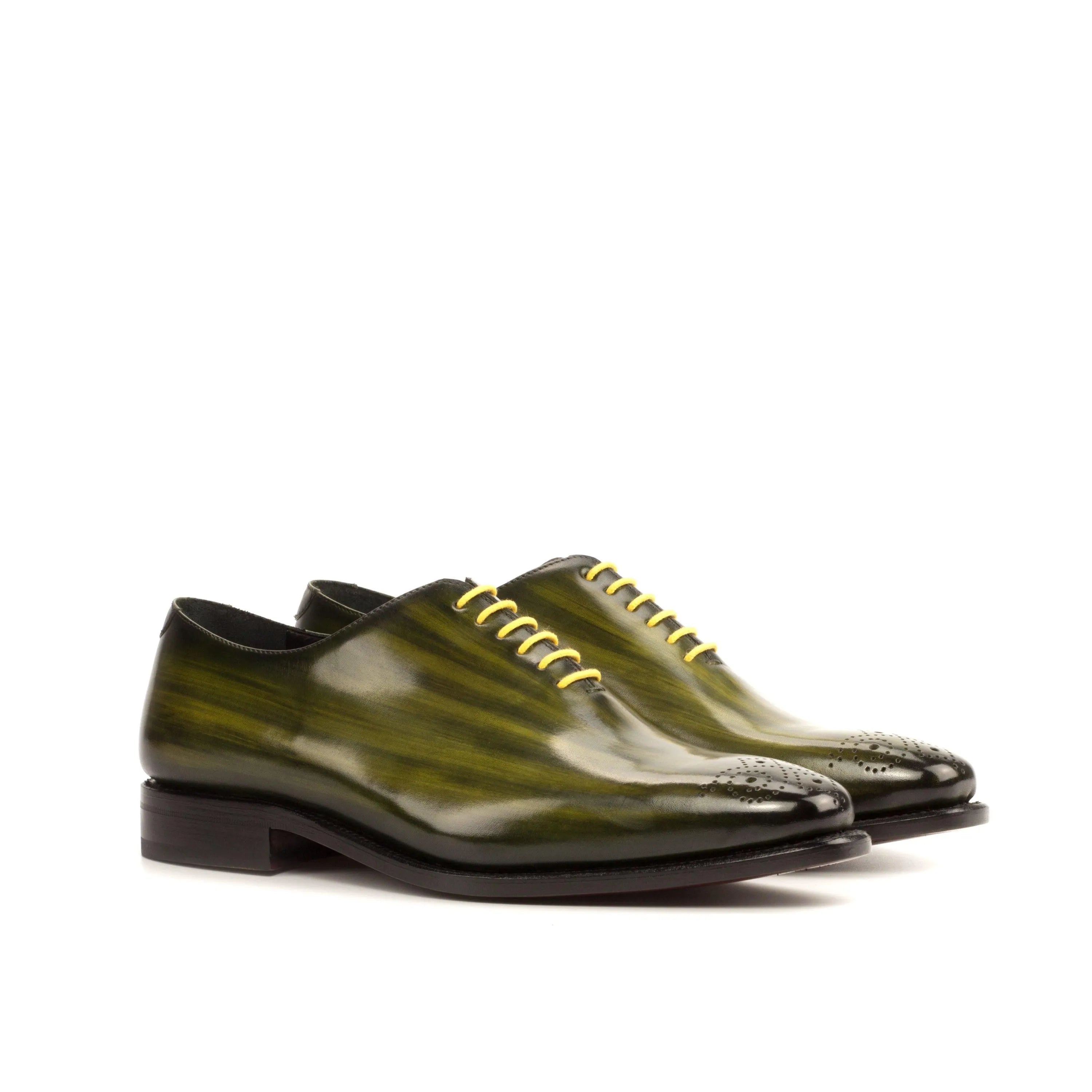 Olive green leather Serb Whole Cut Patina II luxury bespoke shoes for men
