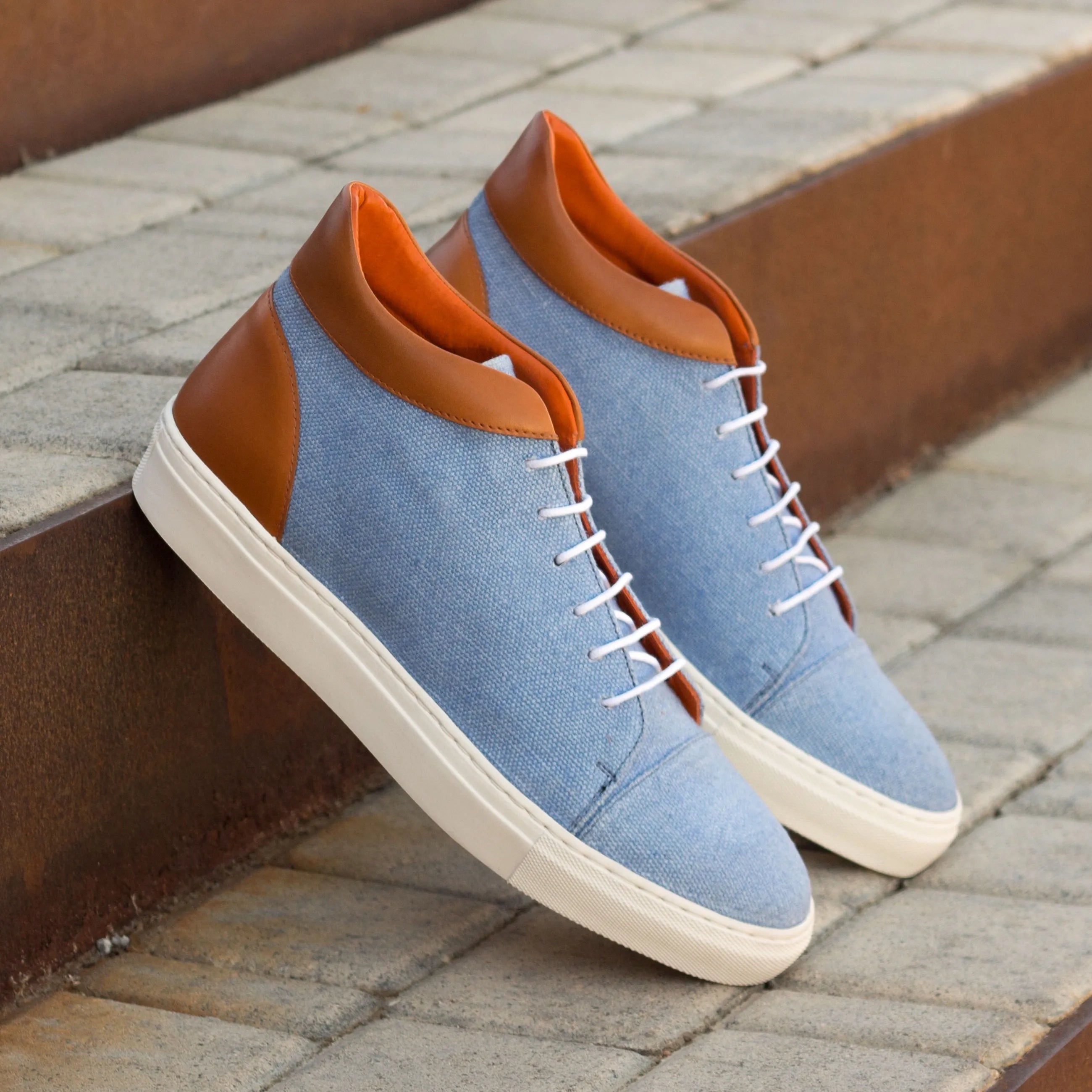 Pair of blue denim Sergei high top sneakers, luxury bespoke shoes for men