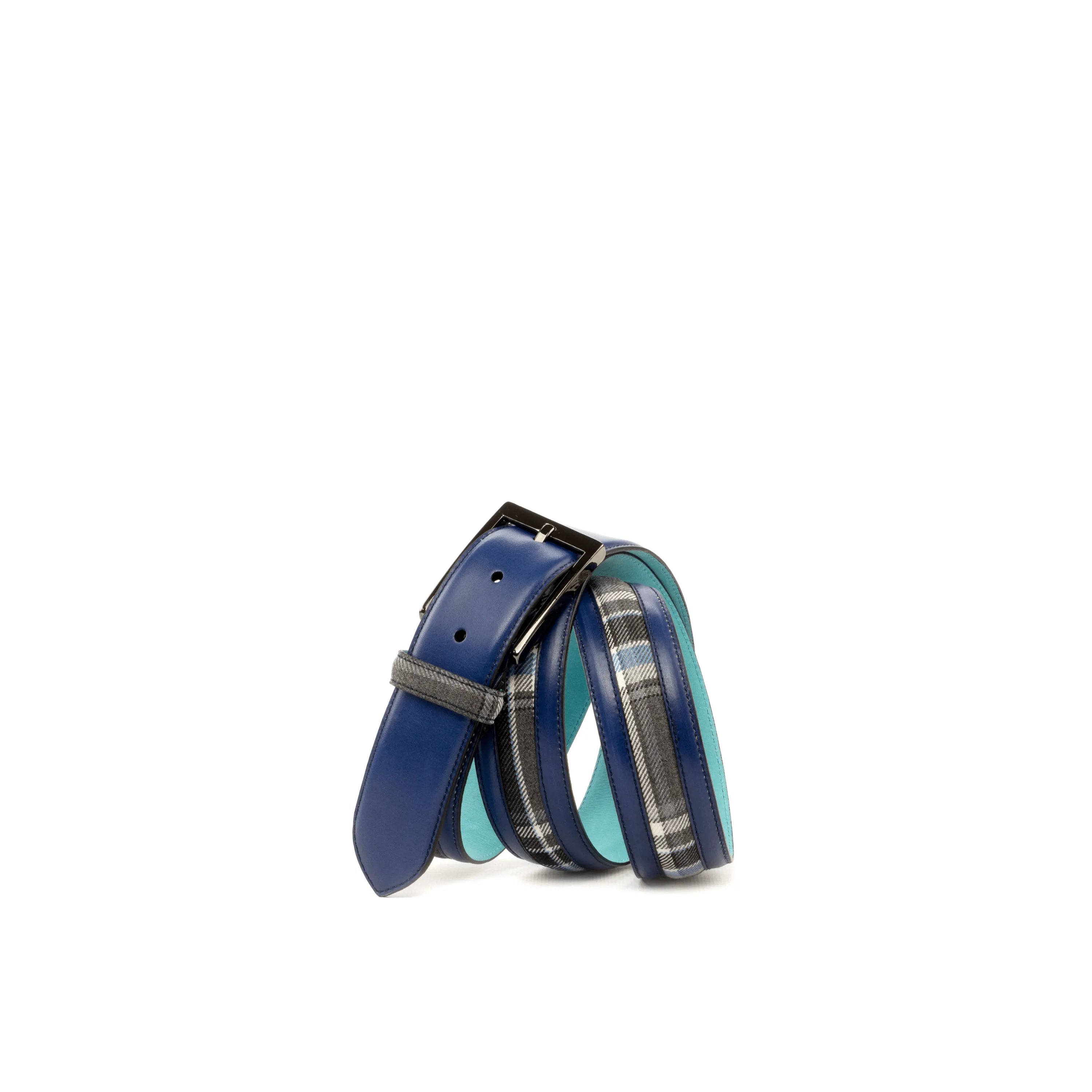 Blue leather Sextus Venice Belt featuring a stylish plaid accent design