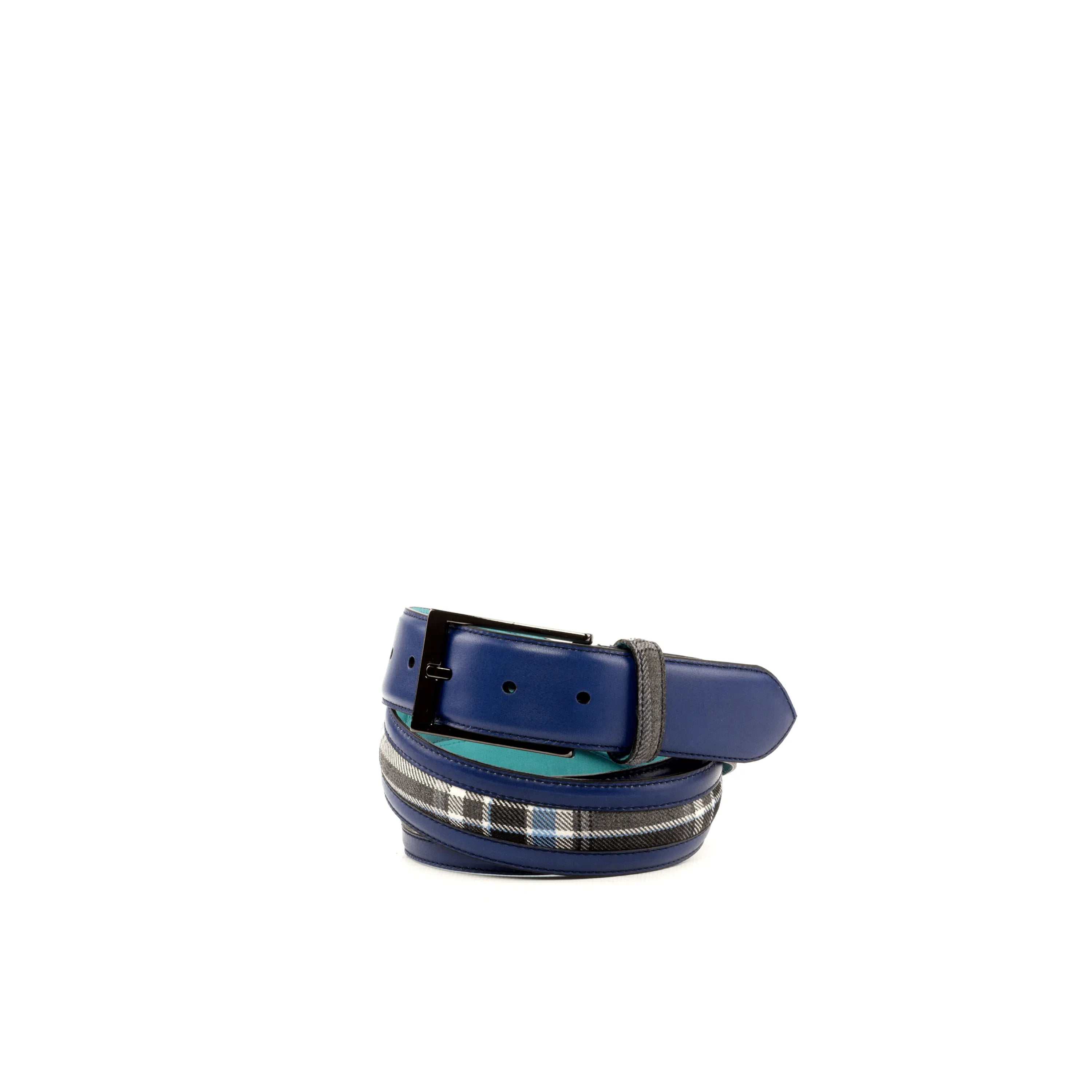 Rolled blue leather Sextus Venice Belt featuring a stylish plaid accent