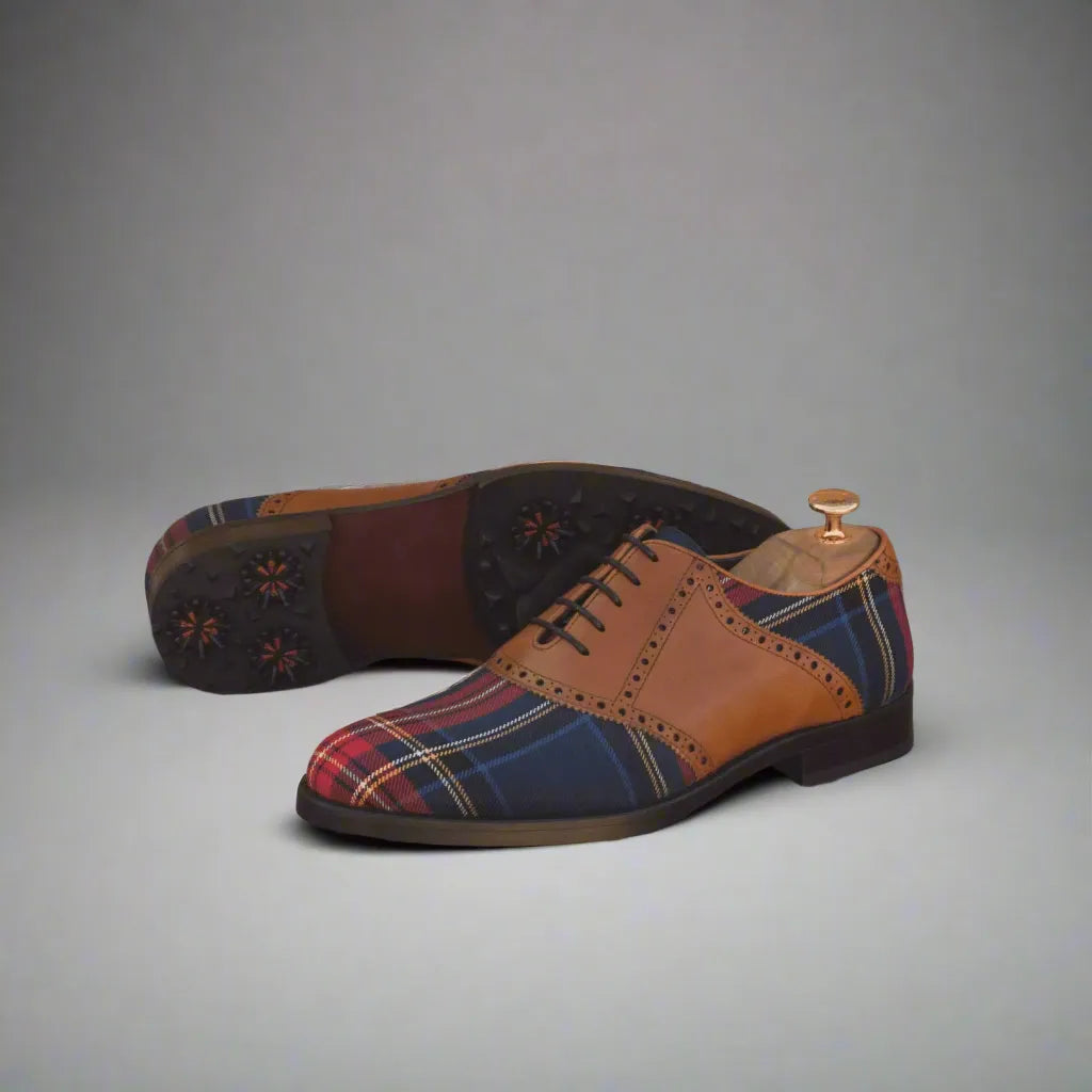 Tartan and leather Shapiro saddle golf shoes showcase stylish design and premium quality