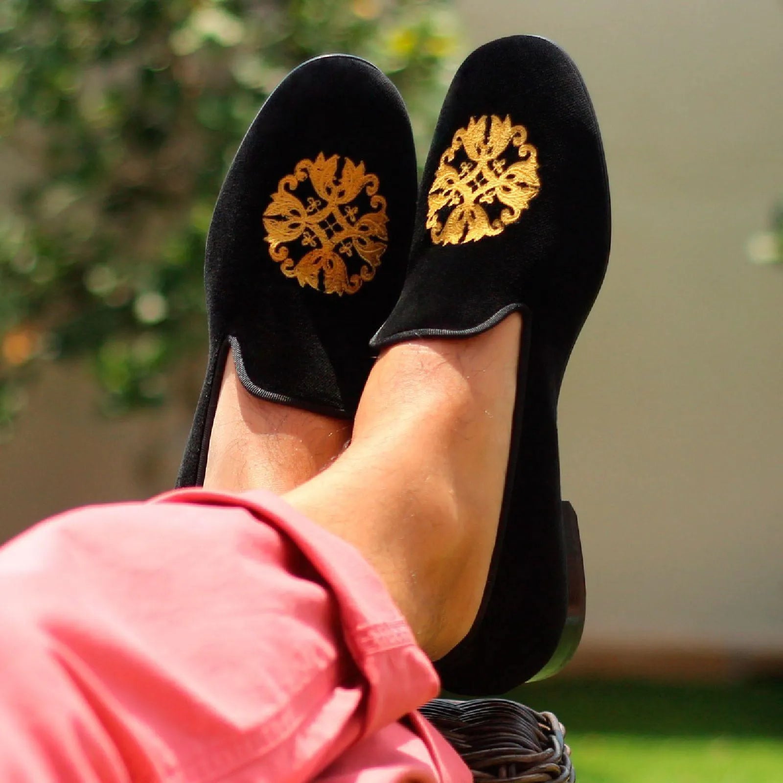 Black velvet loafers with gold embroidery from the Sheikh Wellington Slipon collection