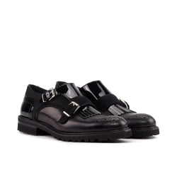 Black patent leather Shiv Kiltie Unisex Monk Strap II shoes for stylish unisex wear
