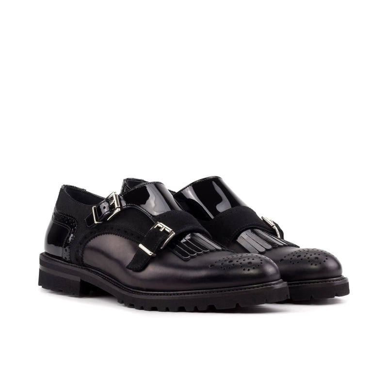 Black patent leather Shiv Kiltie Unisex Monk Strap II shoes for stylish unisex wear