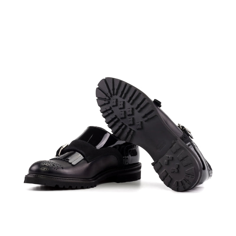 Pair of black patent leather Mary Jane shoes from Shiv Kiltie Unisex Monk Strap II