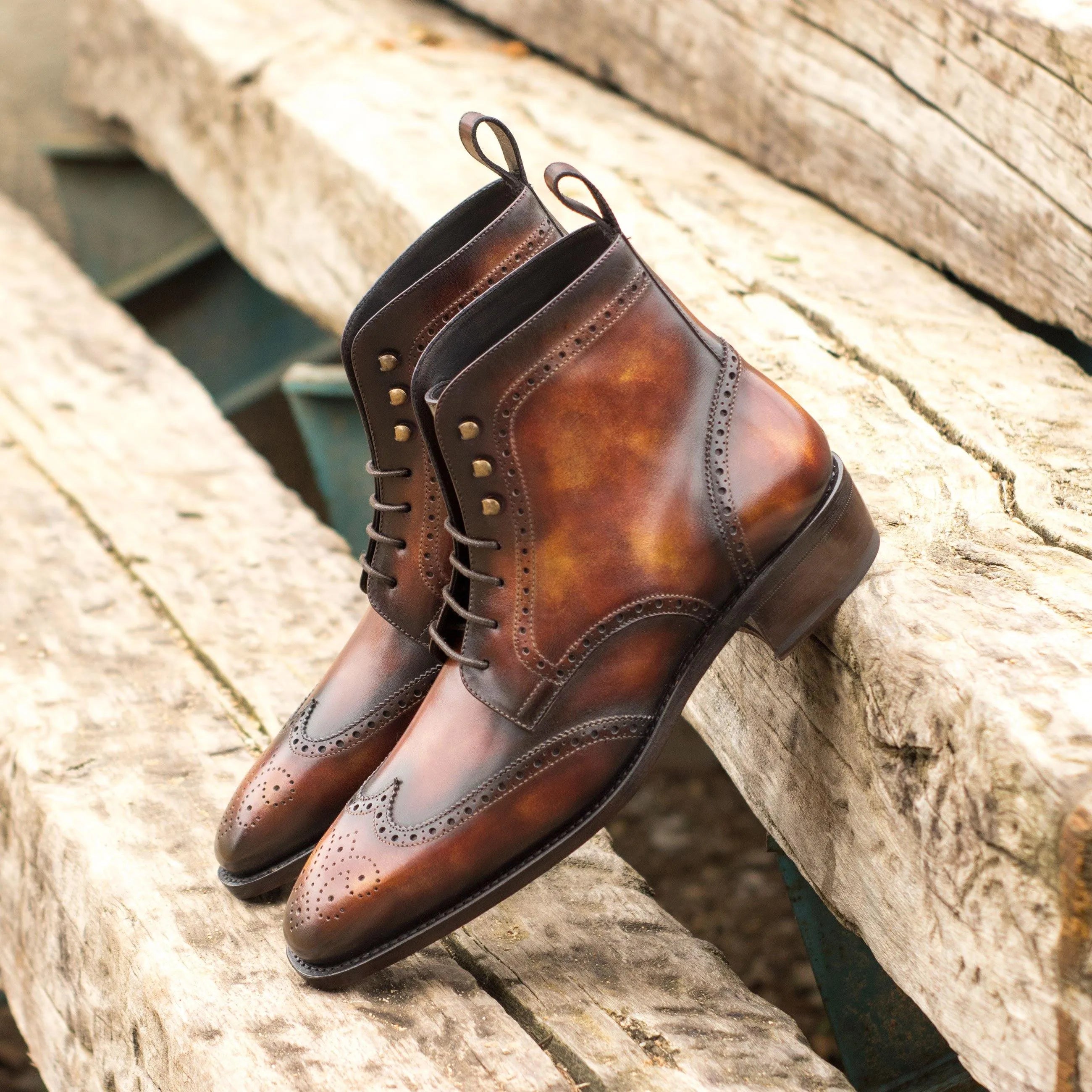 Brown leather Silo Patina Military Brogue Boots showcasing classic wingtip design