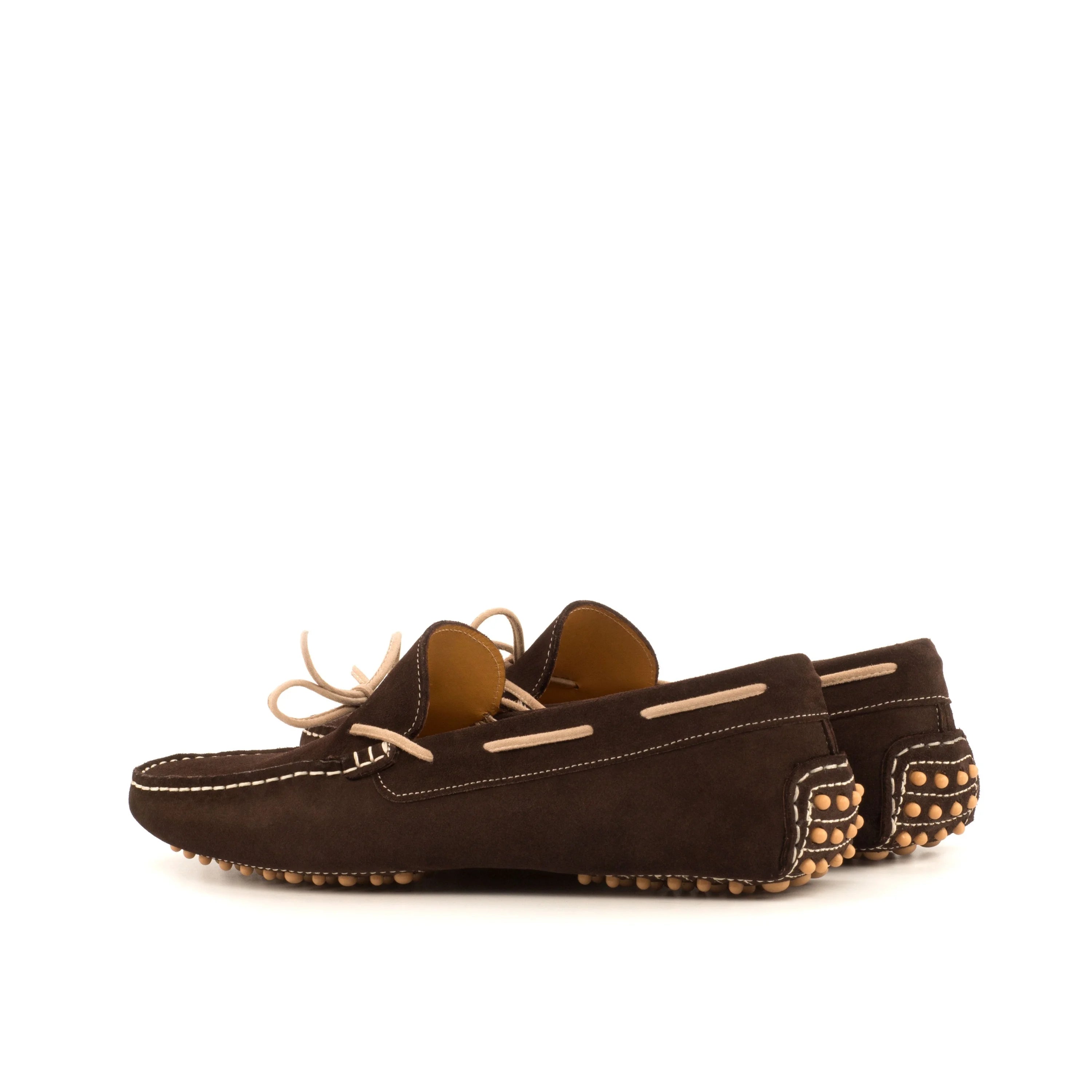 Silver Harbor Driver brown leather loafers with white stitching and gold studs, mens casual shoes