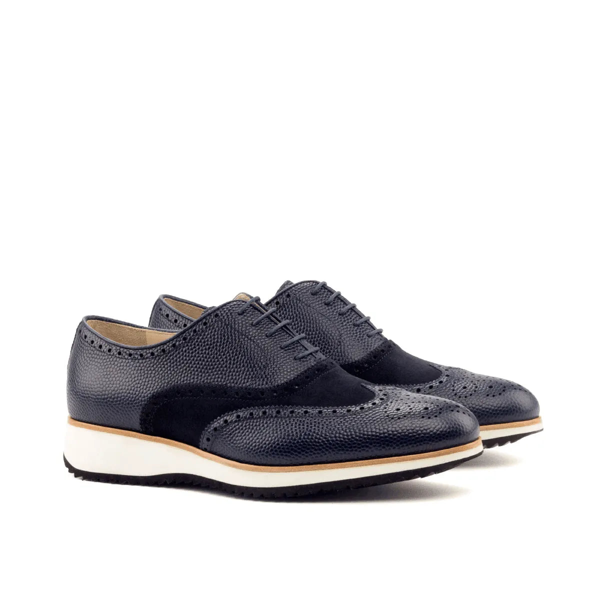 Navy blue leather and suede wingtip shoes with rounded toe from the Sinere Full Brogue II