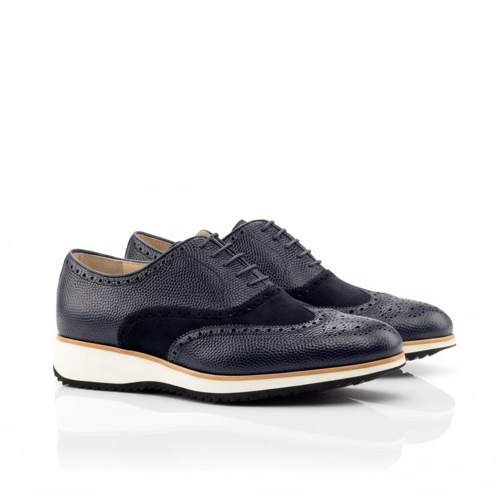 Navy blue leather and suede wingtip brogue shoes from Sinere Full Brogue collection