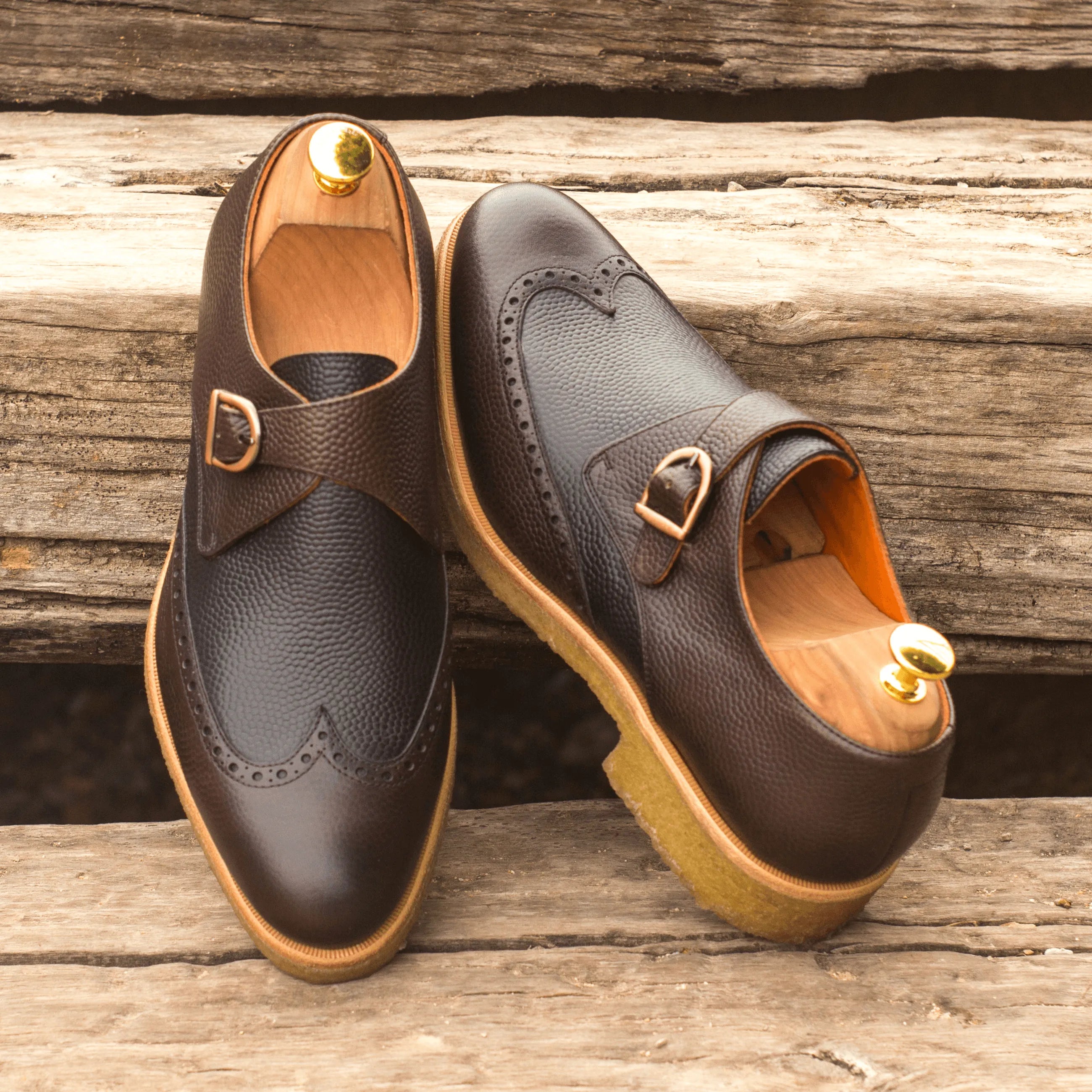 Brown leather Sioux Single Monk Shoes II featuring a stylish pebble grain design