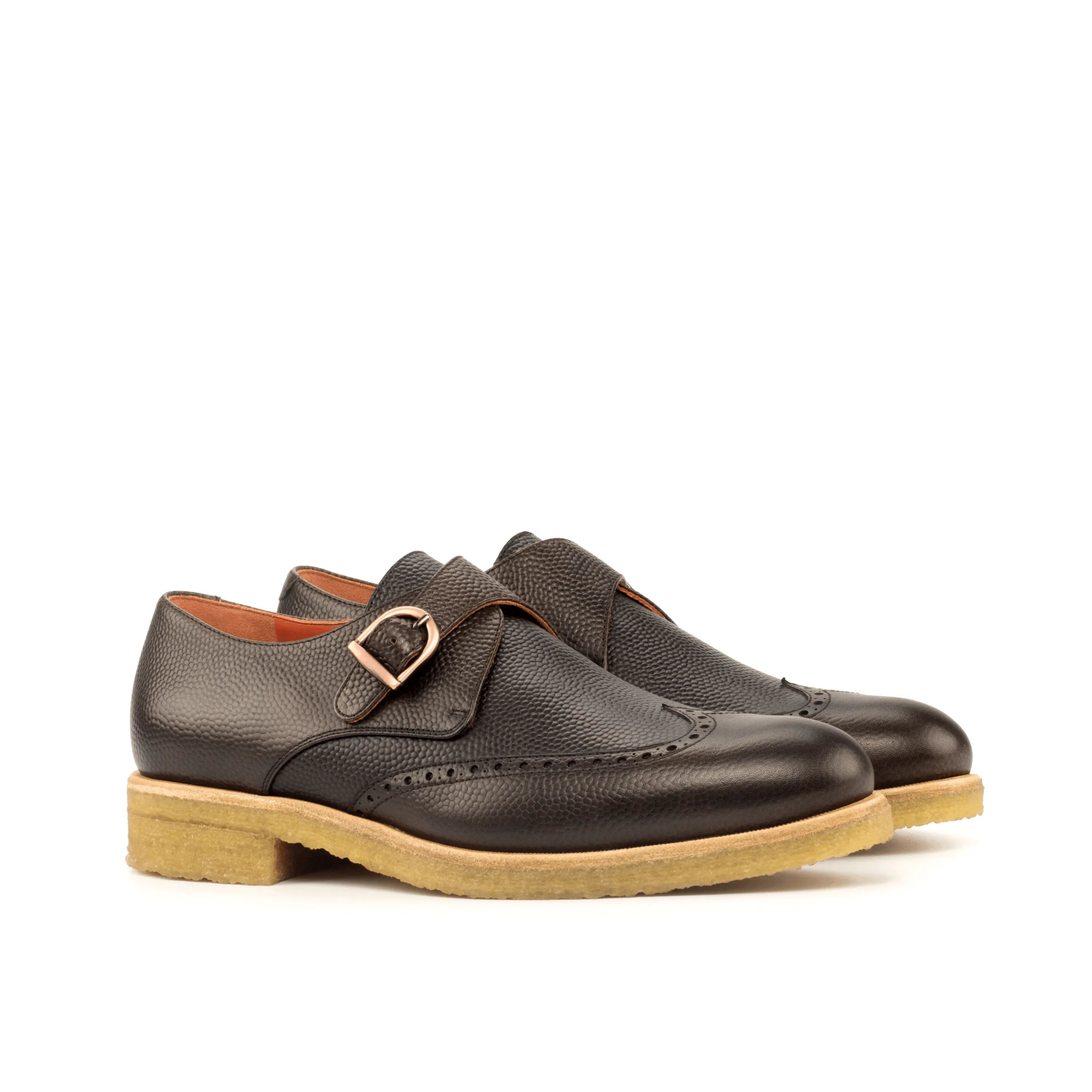 Brown leather Sioux Single Monk Shoes II featuring a stylish pebble grain texture
