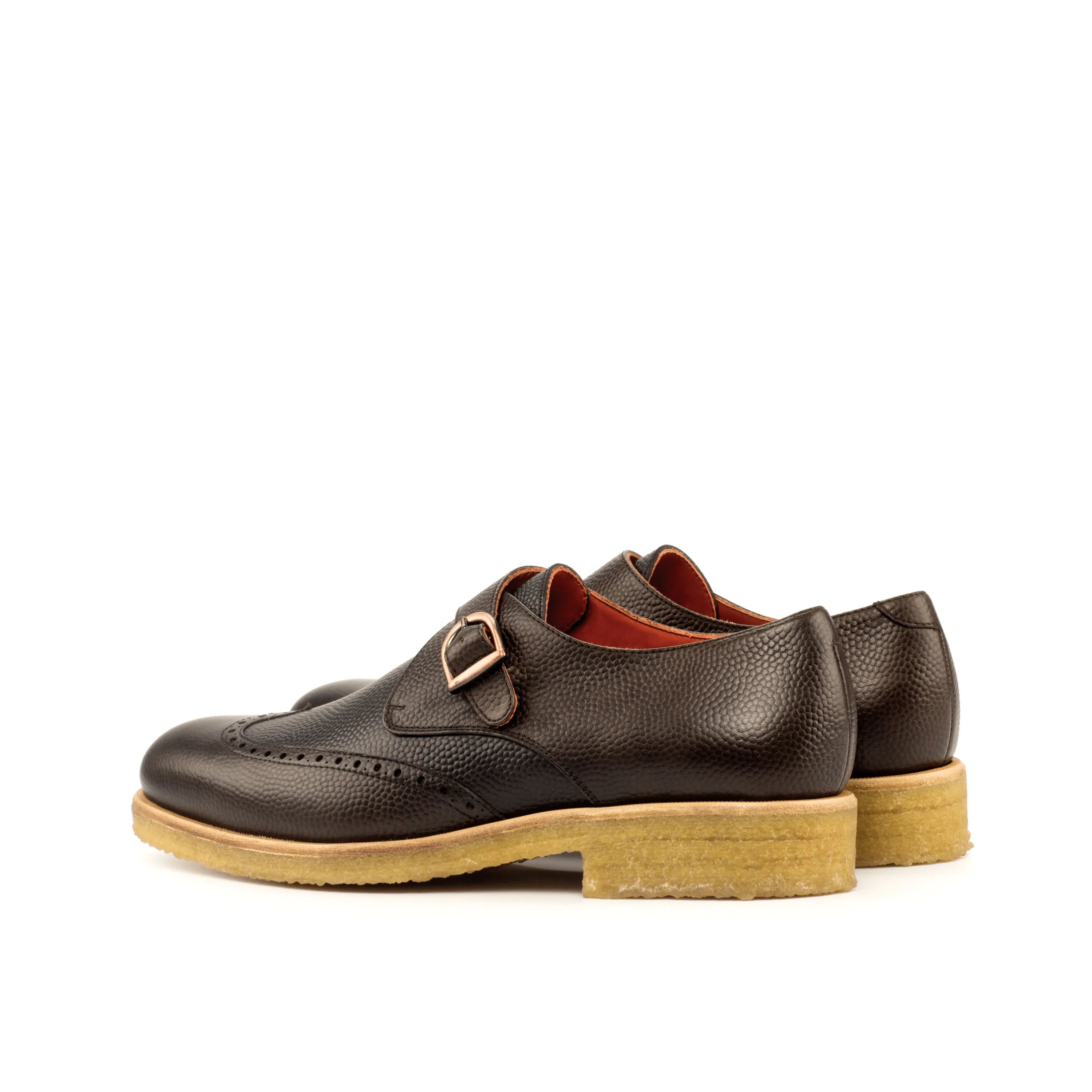 Brown leather Sioux Single Monk Shoes featuring a stylish pebble grain finish