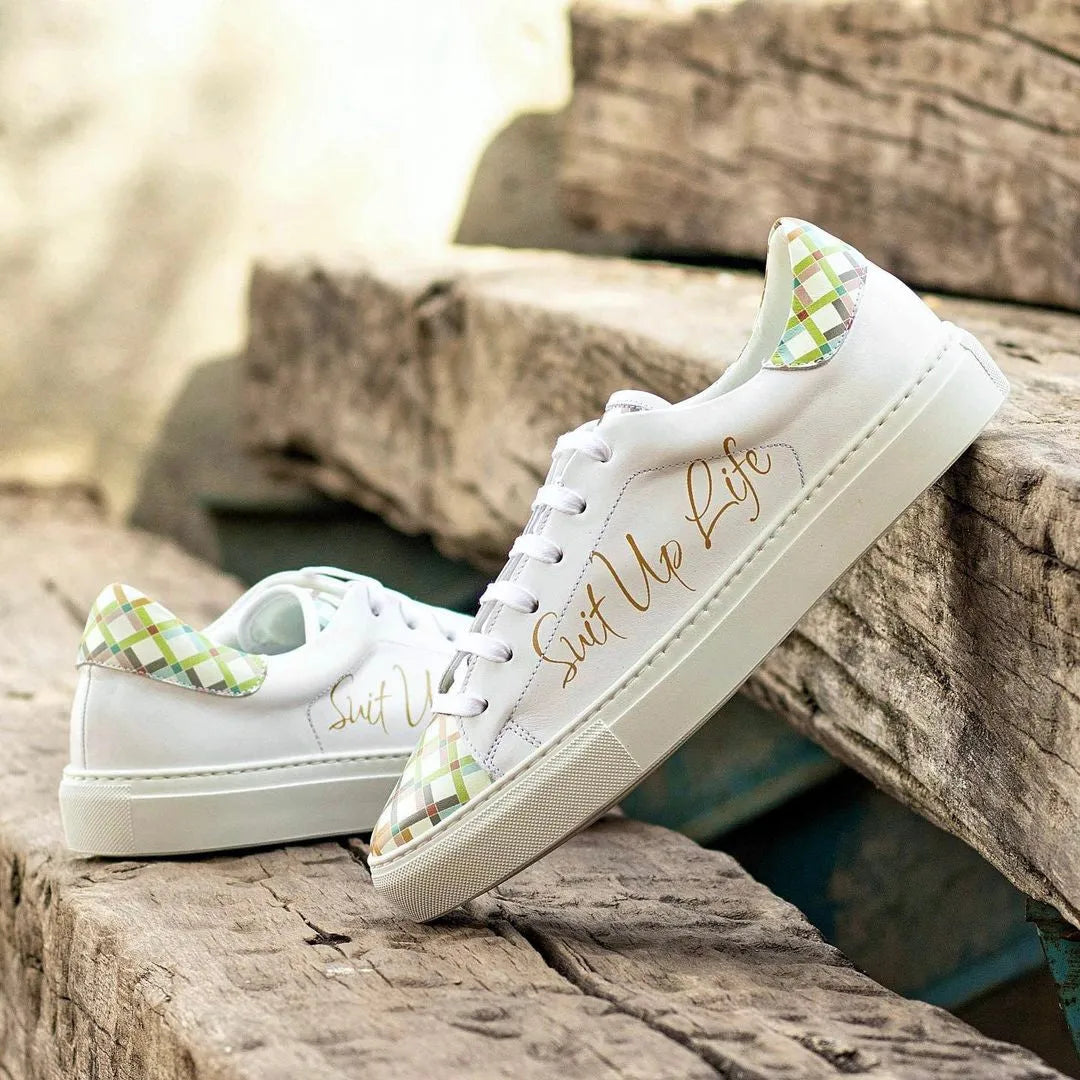 White leather Sirius Trainer Sneaker featuring stylish plaid accents for a trendy look