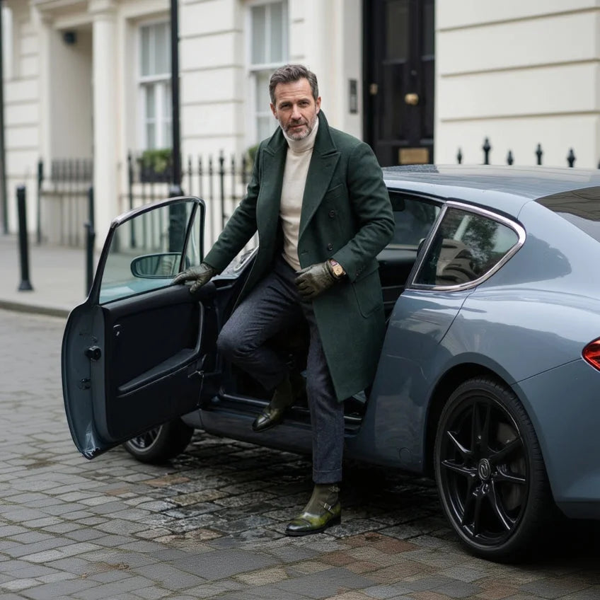 Man in dark green wool overcoat steps from car with Smyrna Octavian Patina Boots II