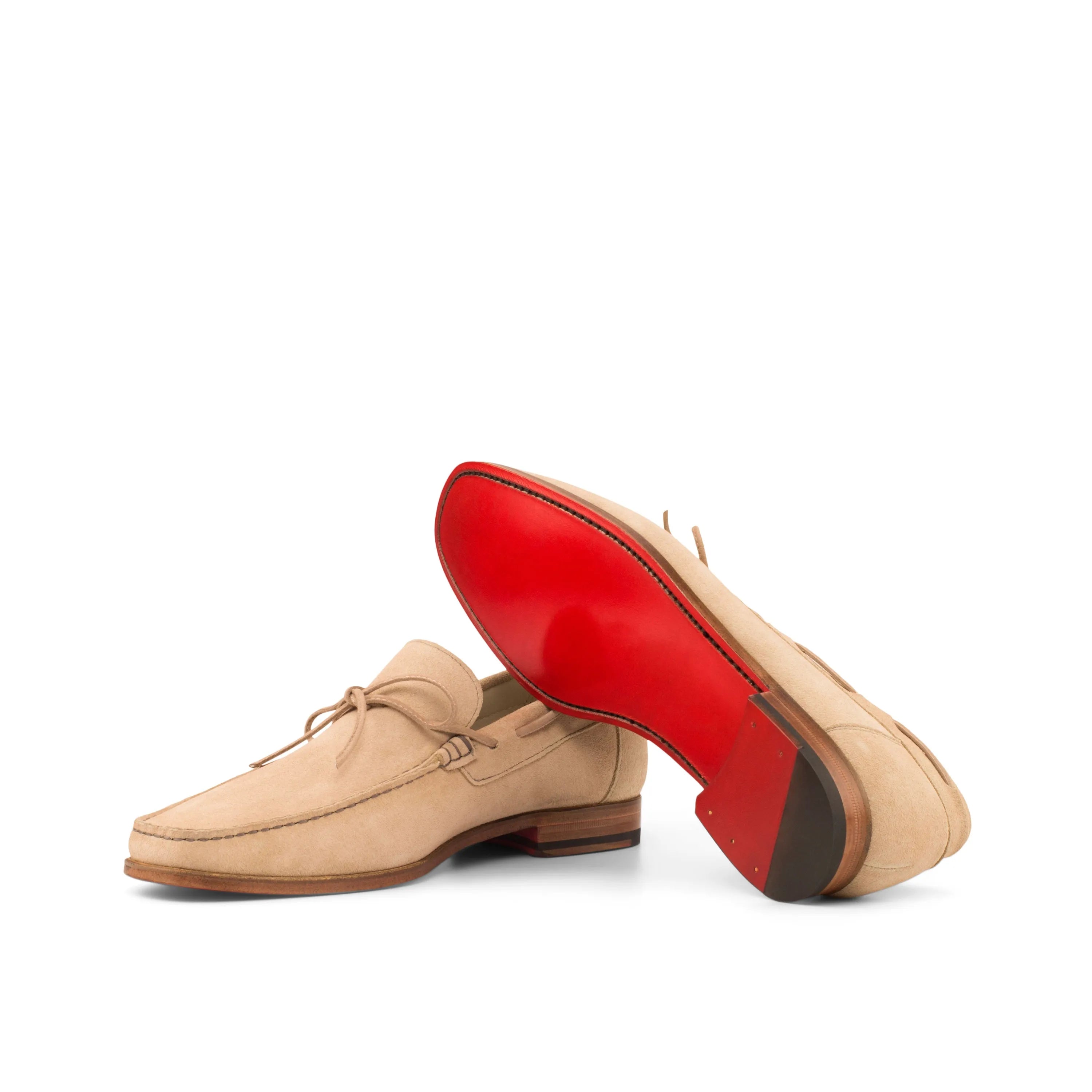Beige suede loafers with red soles from Soleil Moccasin, luxury bespoke shoes for men