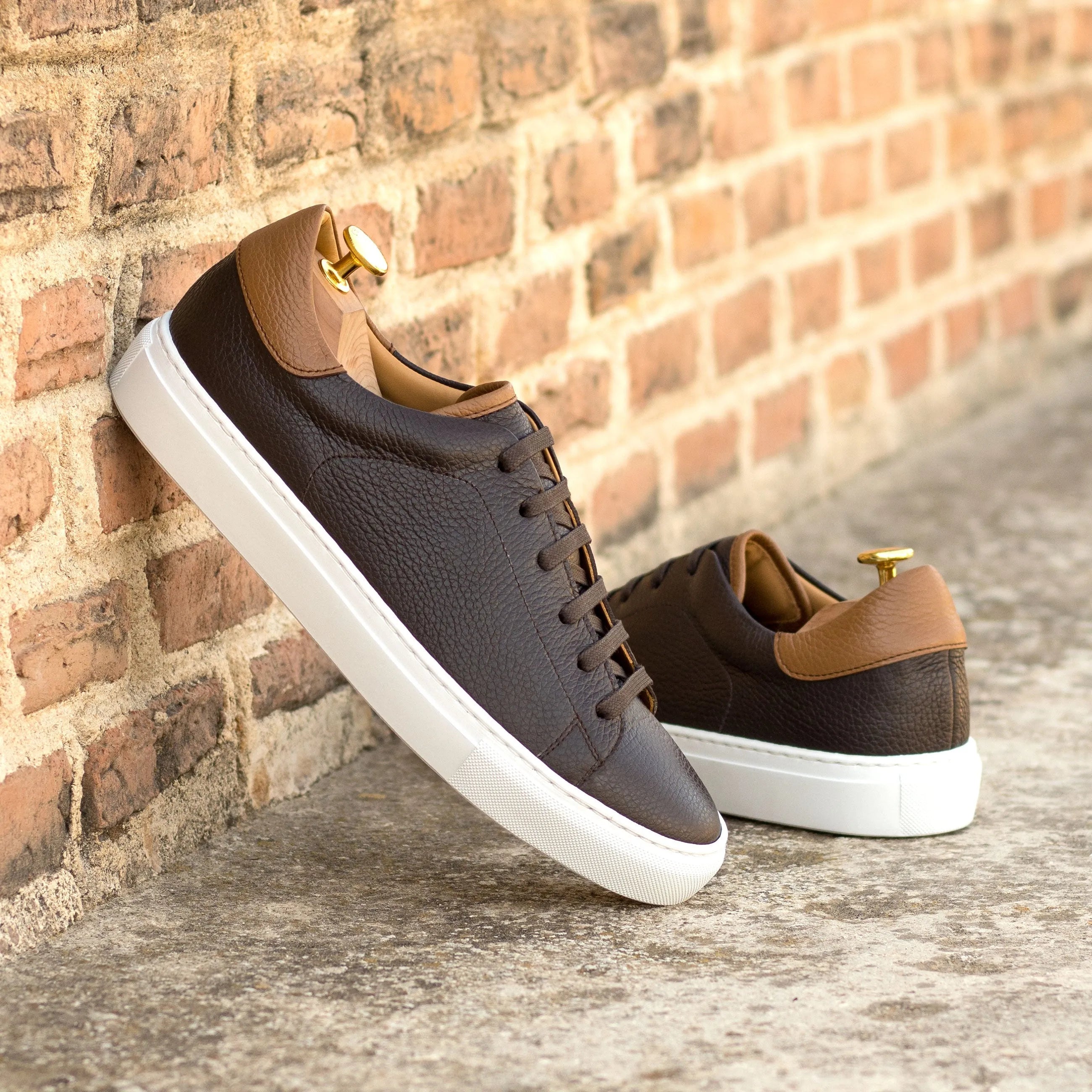 Brown Italian calf leather Soleil Trainer Sneaker with white soles and longwing blucher design