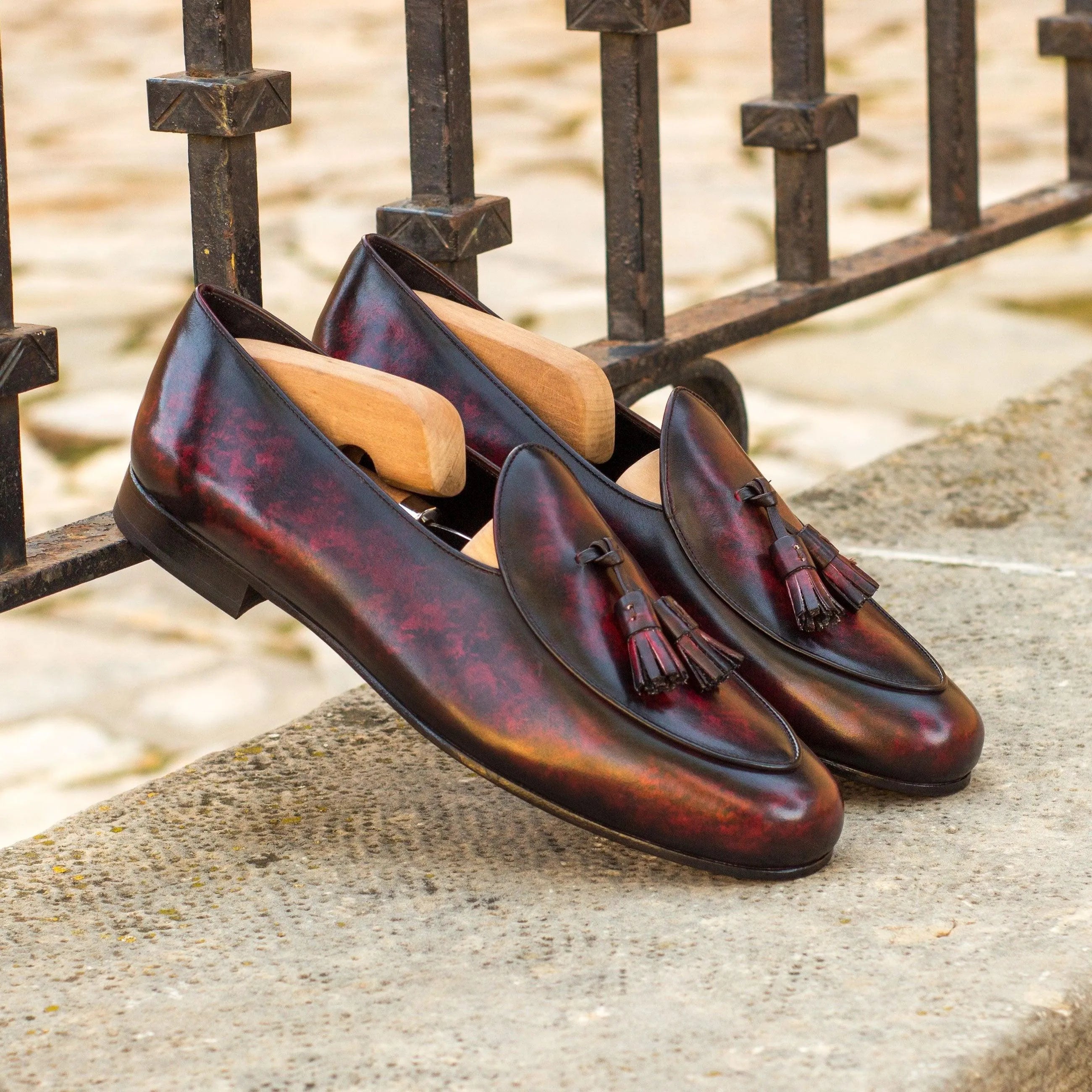 Burgundy leather tassel loafers featured in the SoLo Belgian Slipper II collection