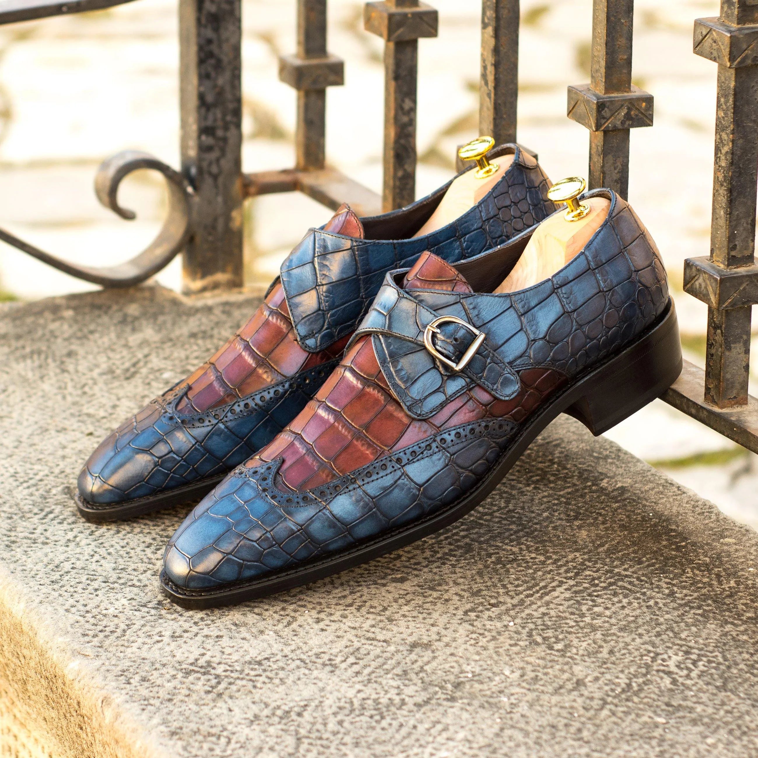 Two-toned Crocodile Leather Sona Single Monk Croco Shoes for sophisticated style