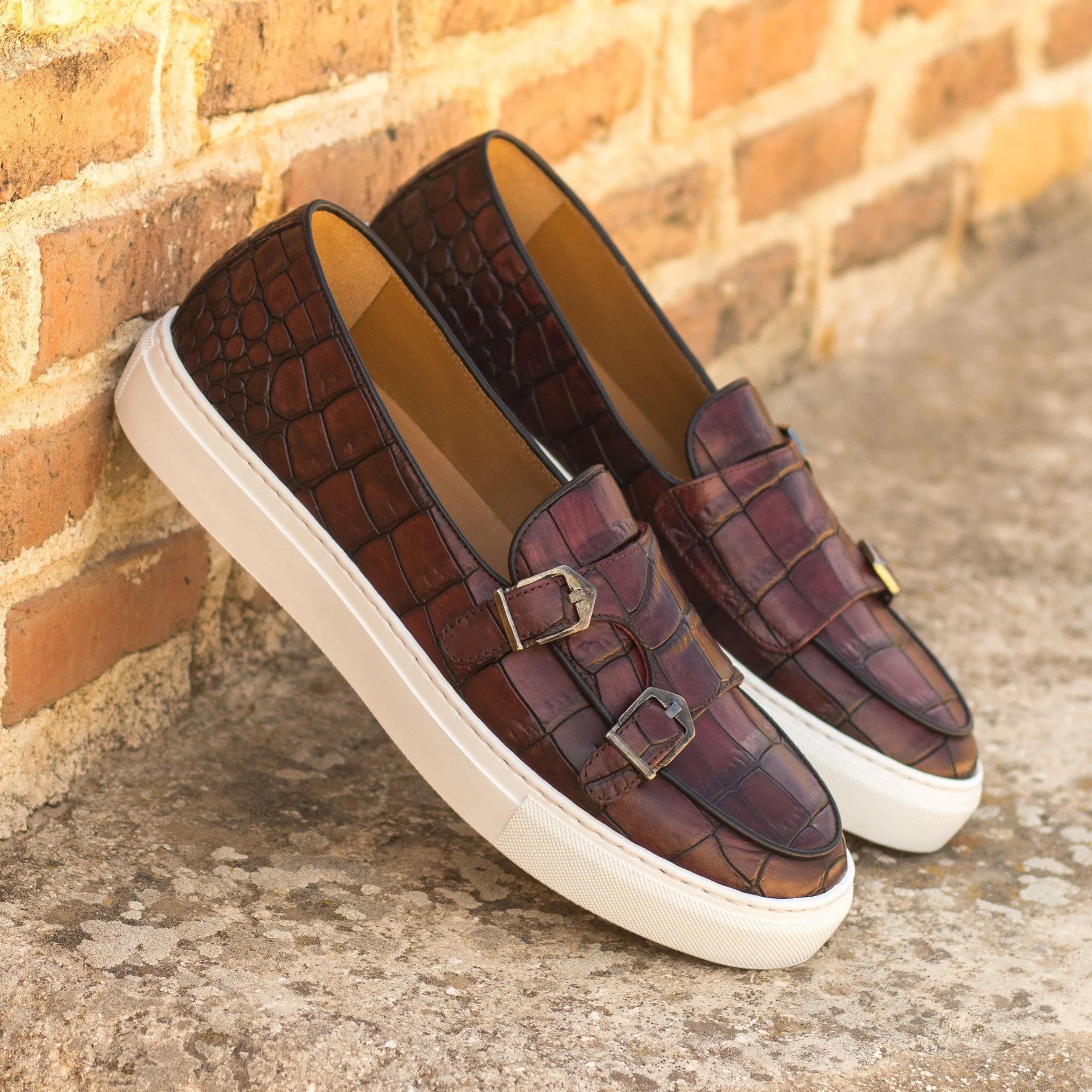 Brown crocodile-patterned Sos Monk Sneaker II, stylish and versatile monk sneaker design