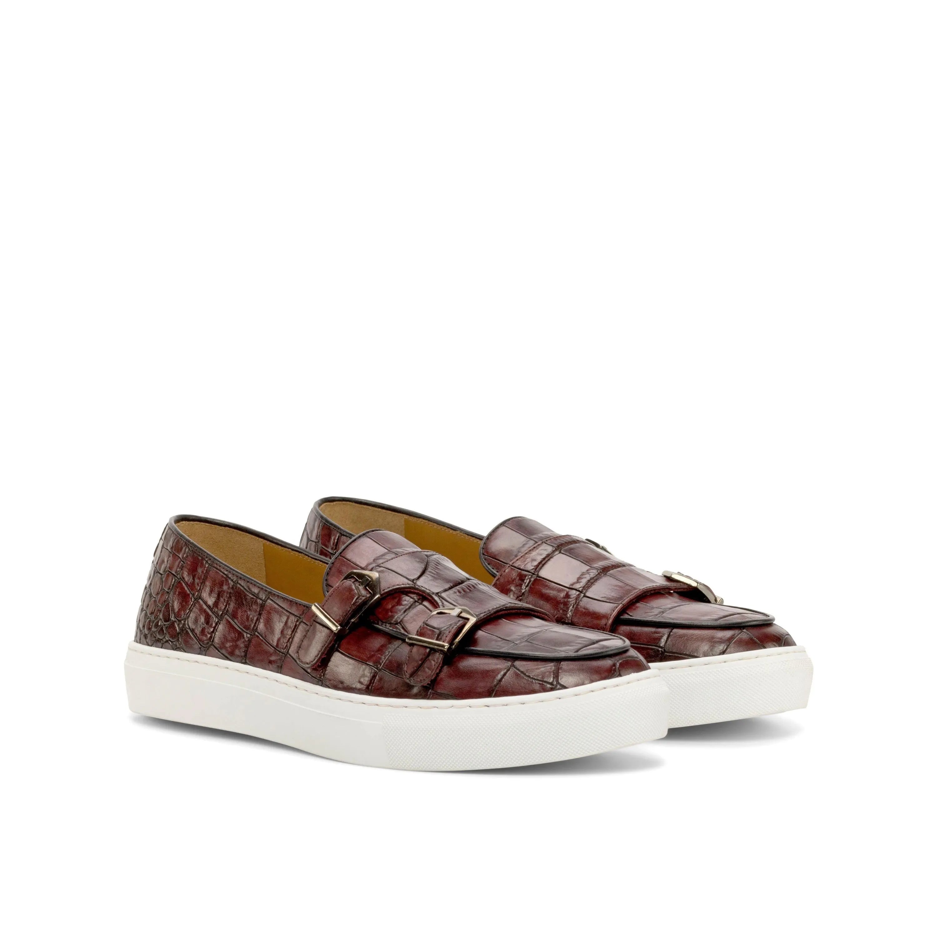 Burgundy crocodile-patterned leather Sos Monk Sneaker II with white soles
