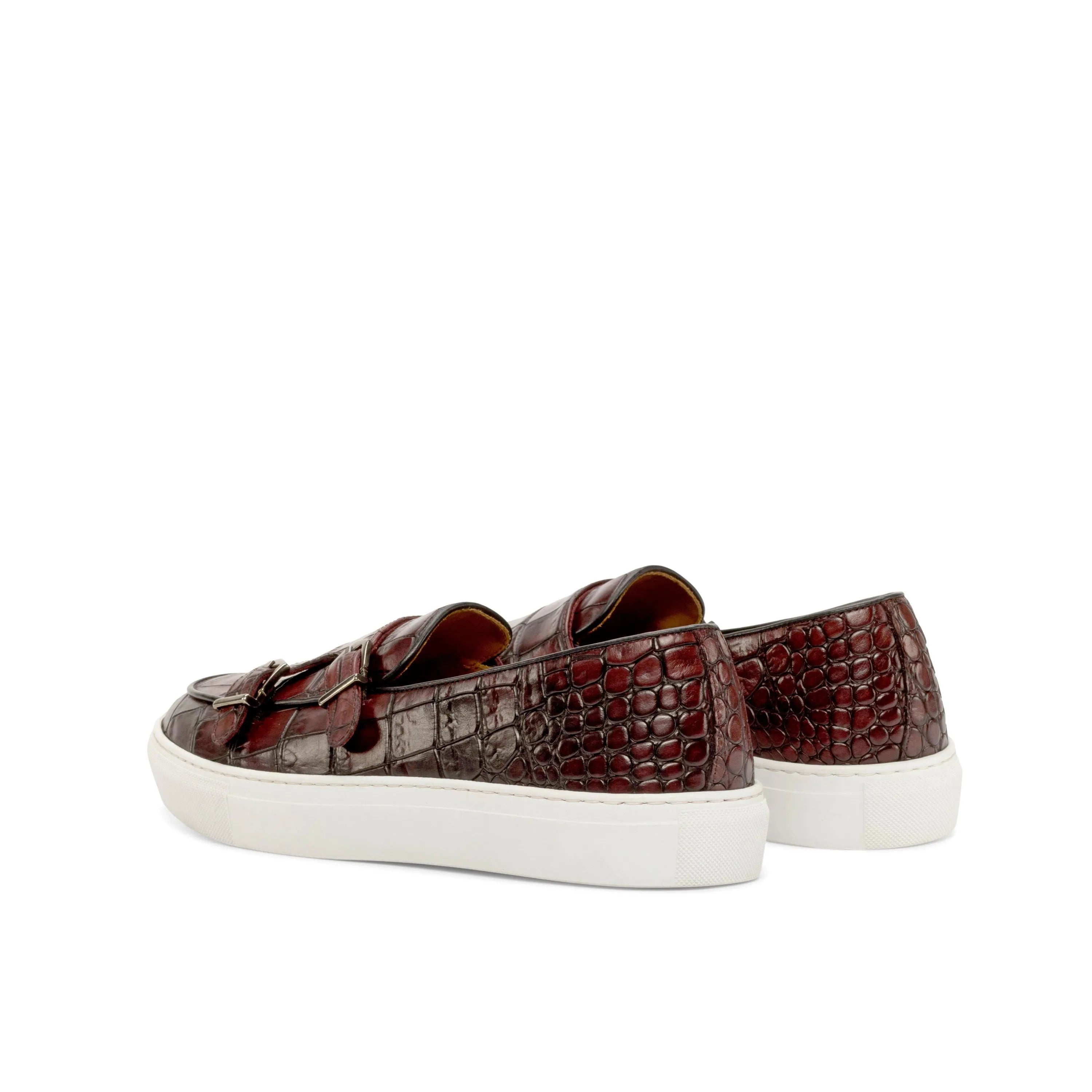 Burgundy crocodile-patterned Sos Monk Sneaker featuring a stylish double monk strap design
