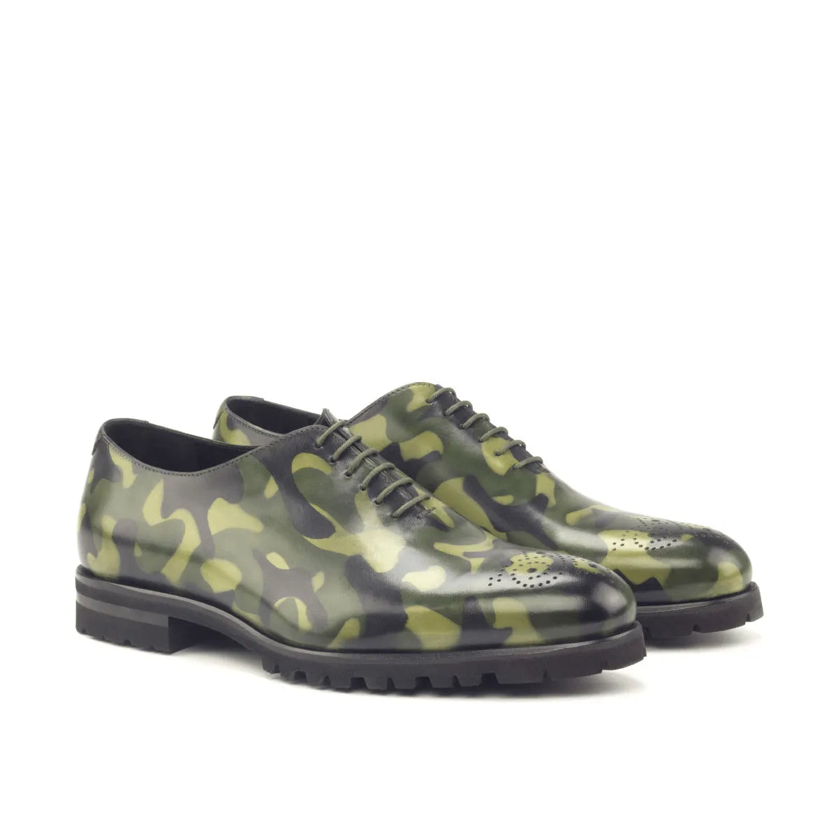 Camouflage patterned leather dress shoes, Spartacus Whole Cut Patina style