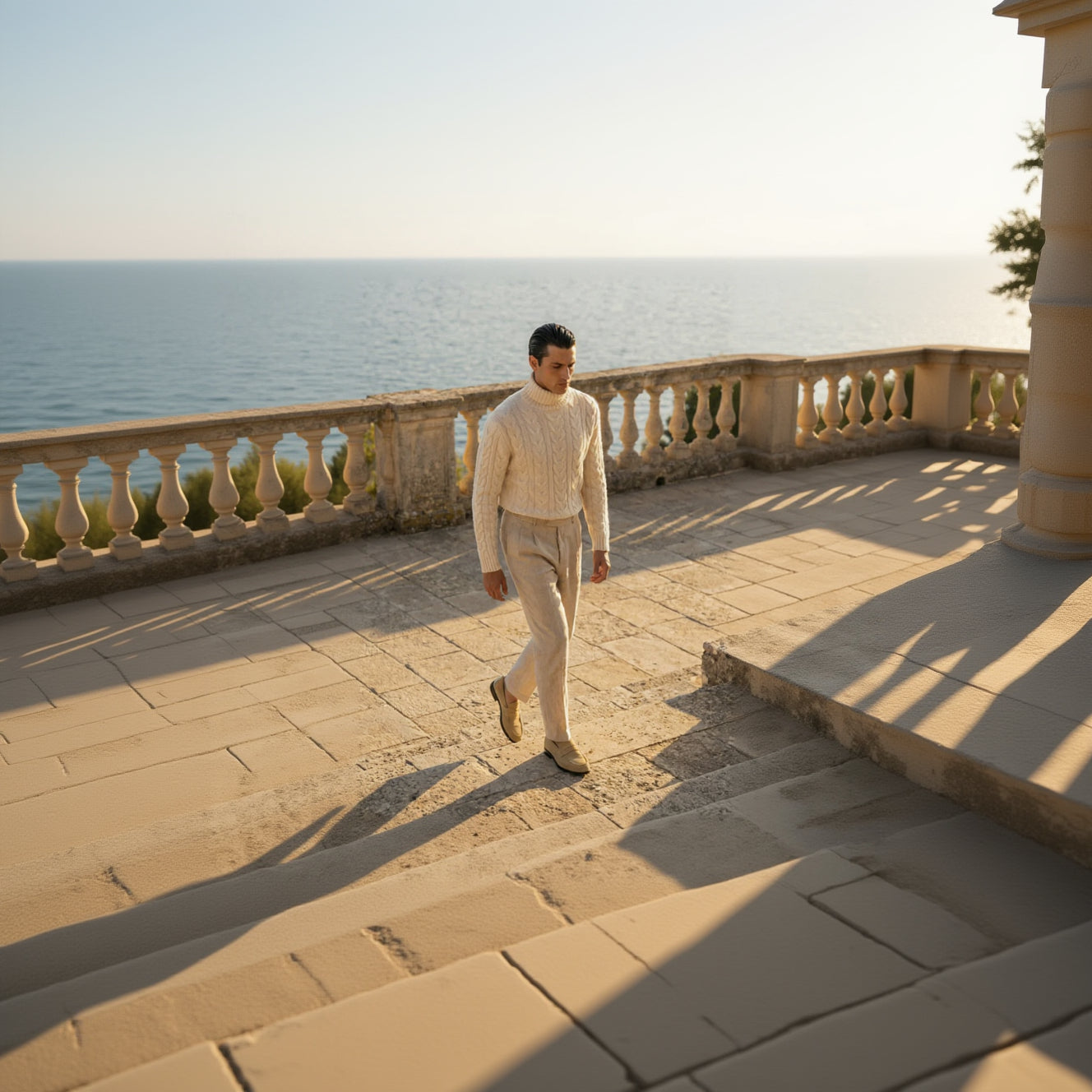 Man walking on a stone path by a body of water wearing a beige sweater and pants.