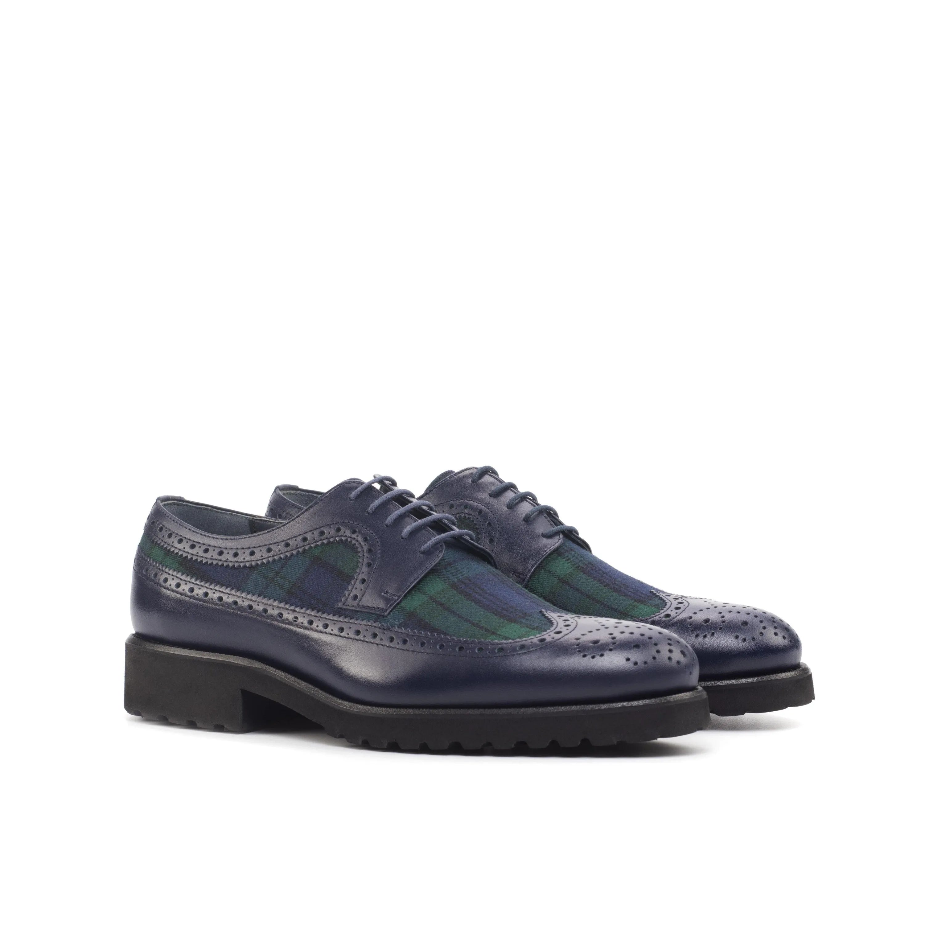 Blue leather and plaid longwing blucher shoes from the Ss14 Longwing Blucher collection