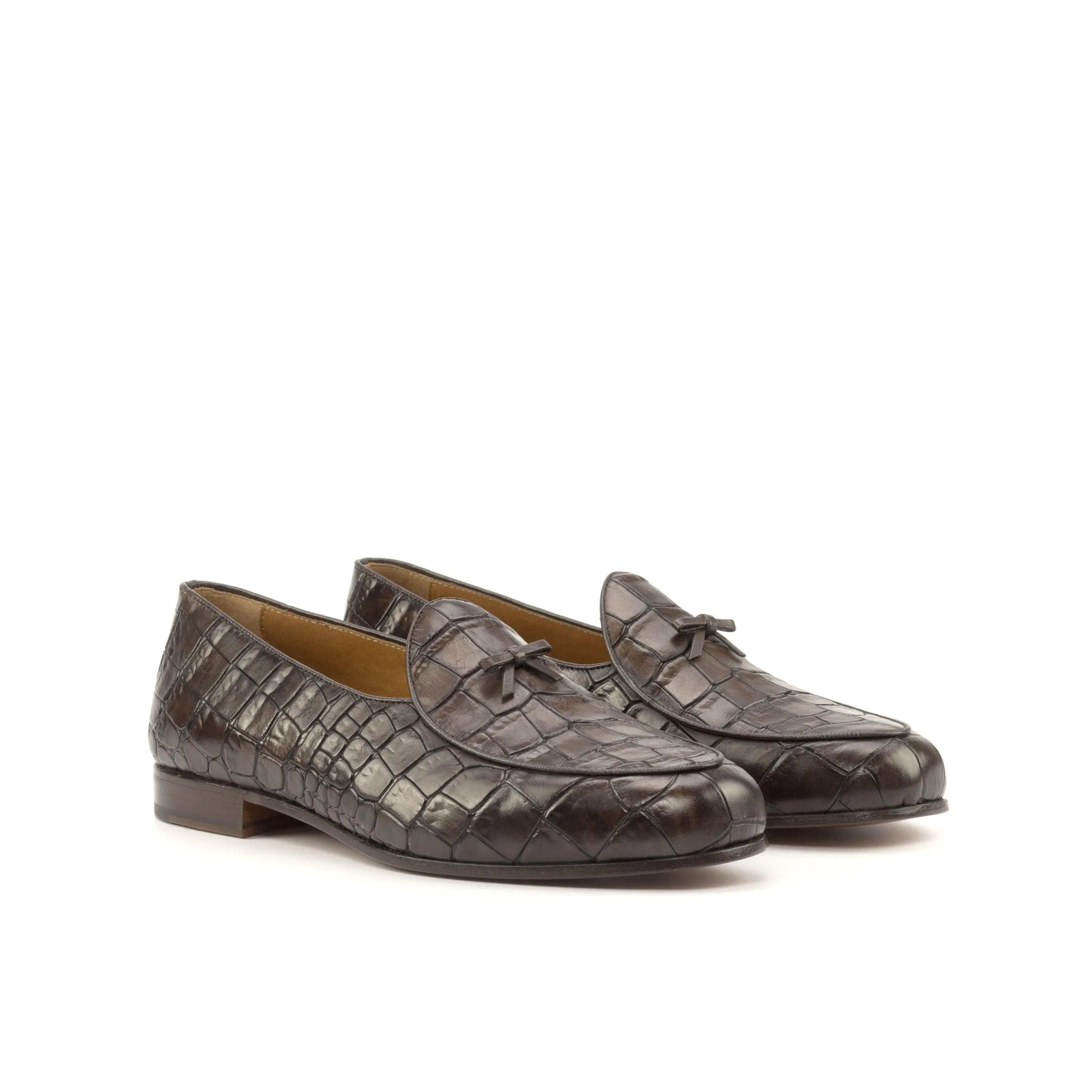 Brown crocodile-patterned leather loafers from St. John’s Belgian Slipper II collection