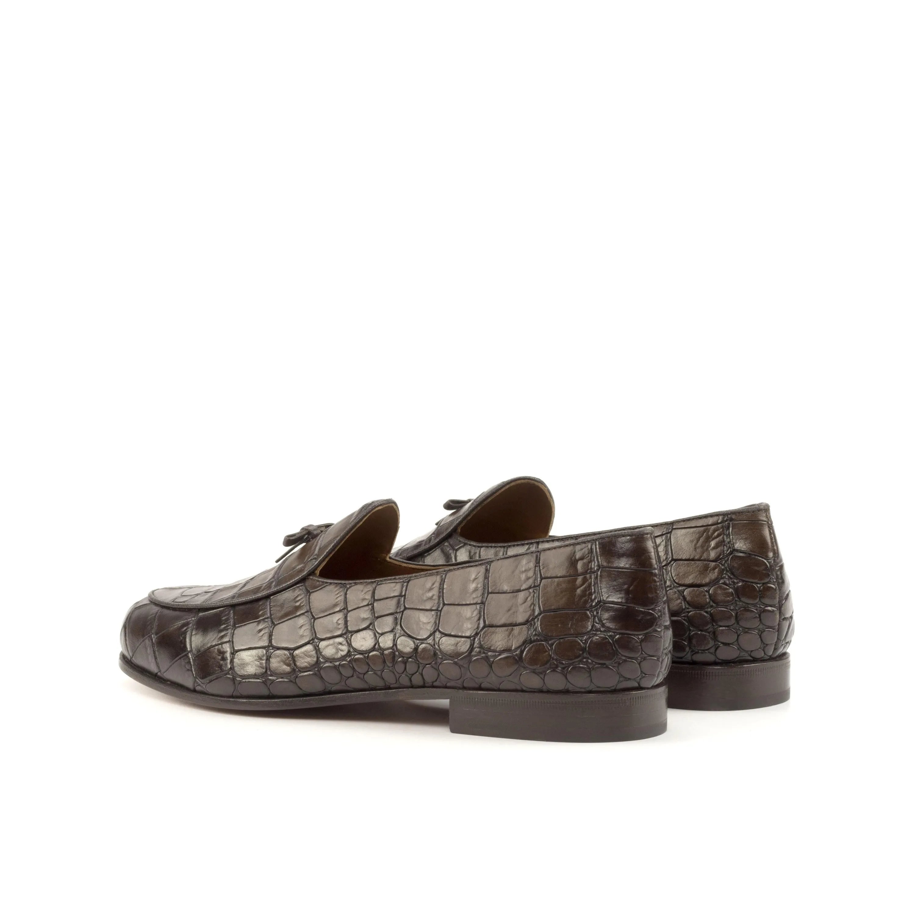 Brown crocodile-patterned leather loafers featured in St. John’s Belgian Slipper II