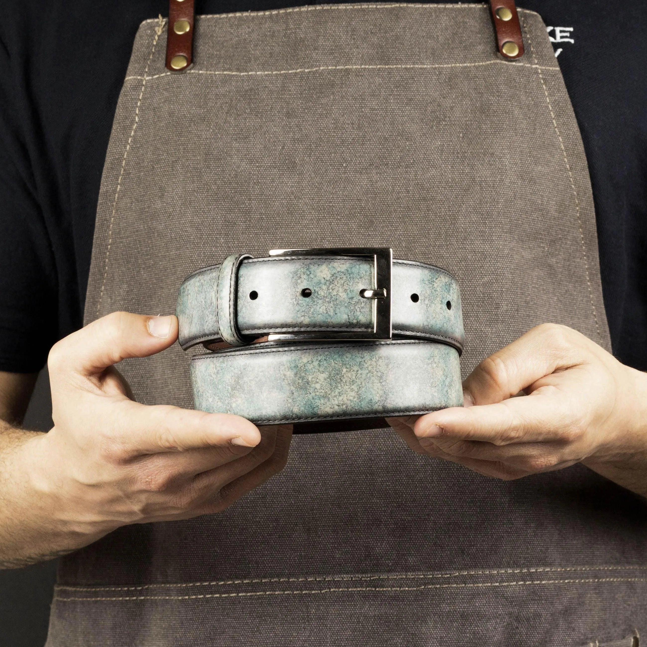 Gray leather Stone Patina Hamptons Belt II showcasing elegant design and superior quality