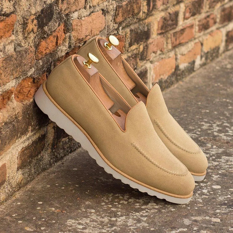 Tan suede Sundays Loafers II with rounded toe and shoe trees, luxury bespoke shoes for men