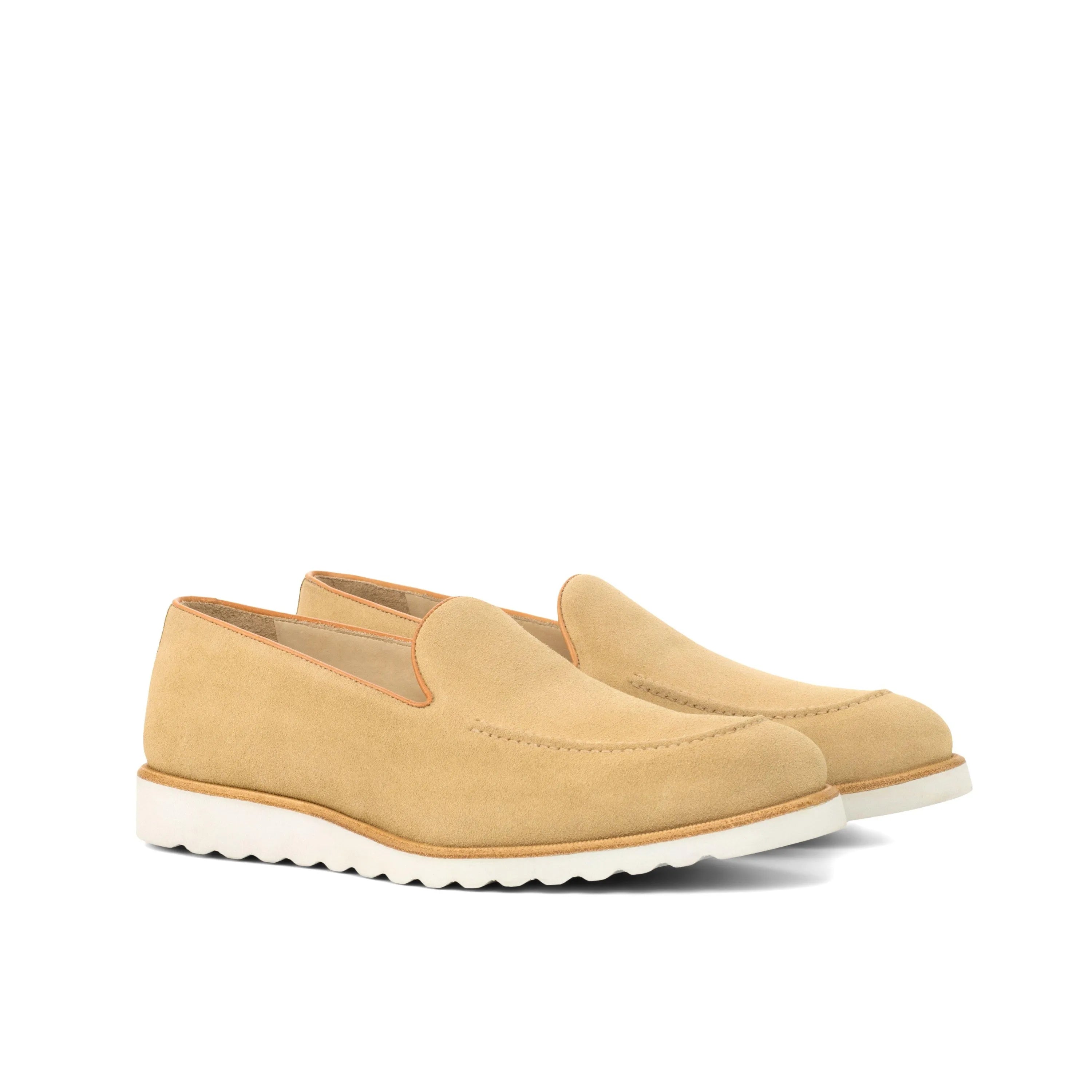 Tan suede Sundays Loafers featuring white soles, ideal luxury bespoke shoes for men