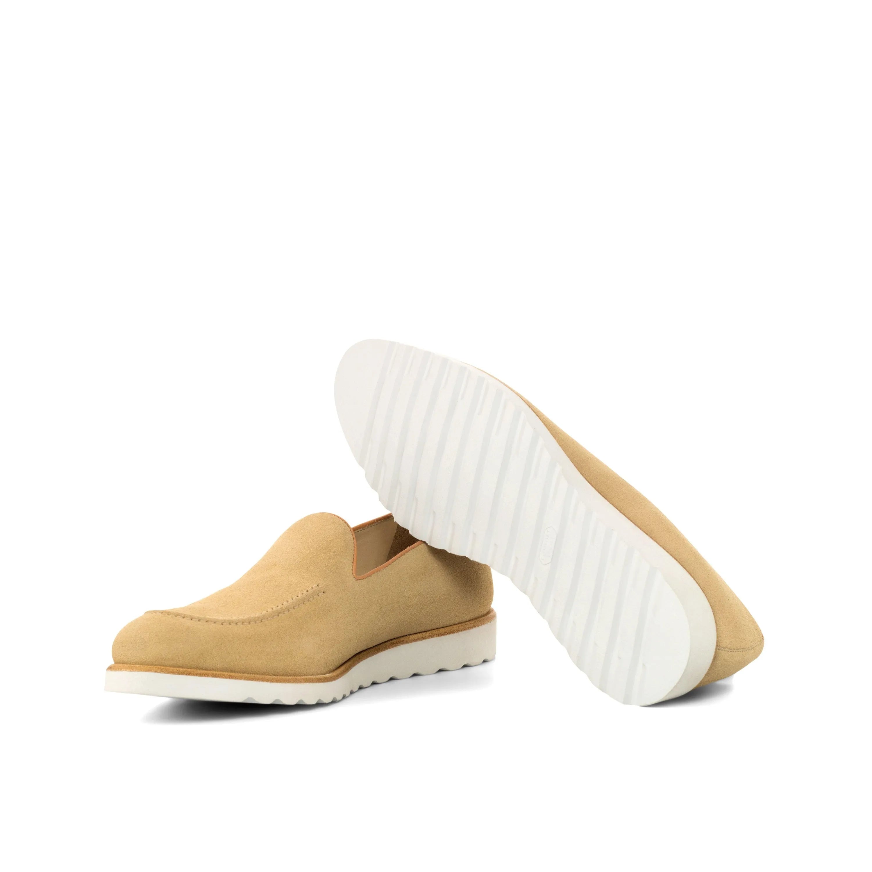 Tan suede Sundays Loafers featuring white soles, ideal luxury bespoke shoes for men