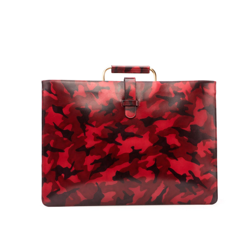 Red and black camouflage briefcase showcasing Sunil Satchel Patina’s unique savoir-faire